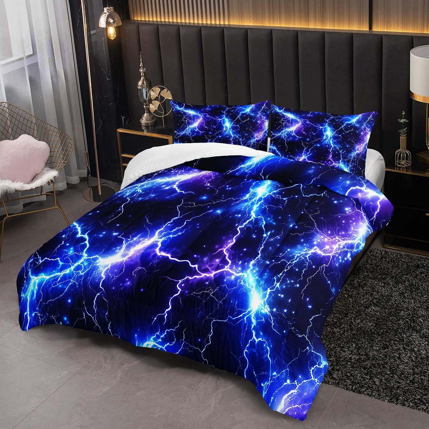 XYNHML Blue Lightning Printed Themed Comforter 3Pcs Twin Sky Natural Disaster Thunder Bedding Set for Kid Teen Girl Boy Adult Mysterious Thunderstorm Quilt Bed Decor with 1 Comforter & 2 Pillowcases