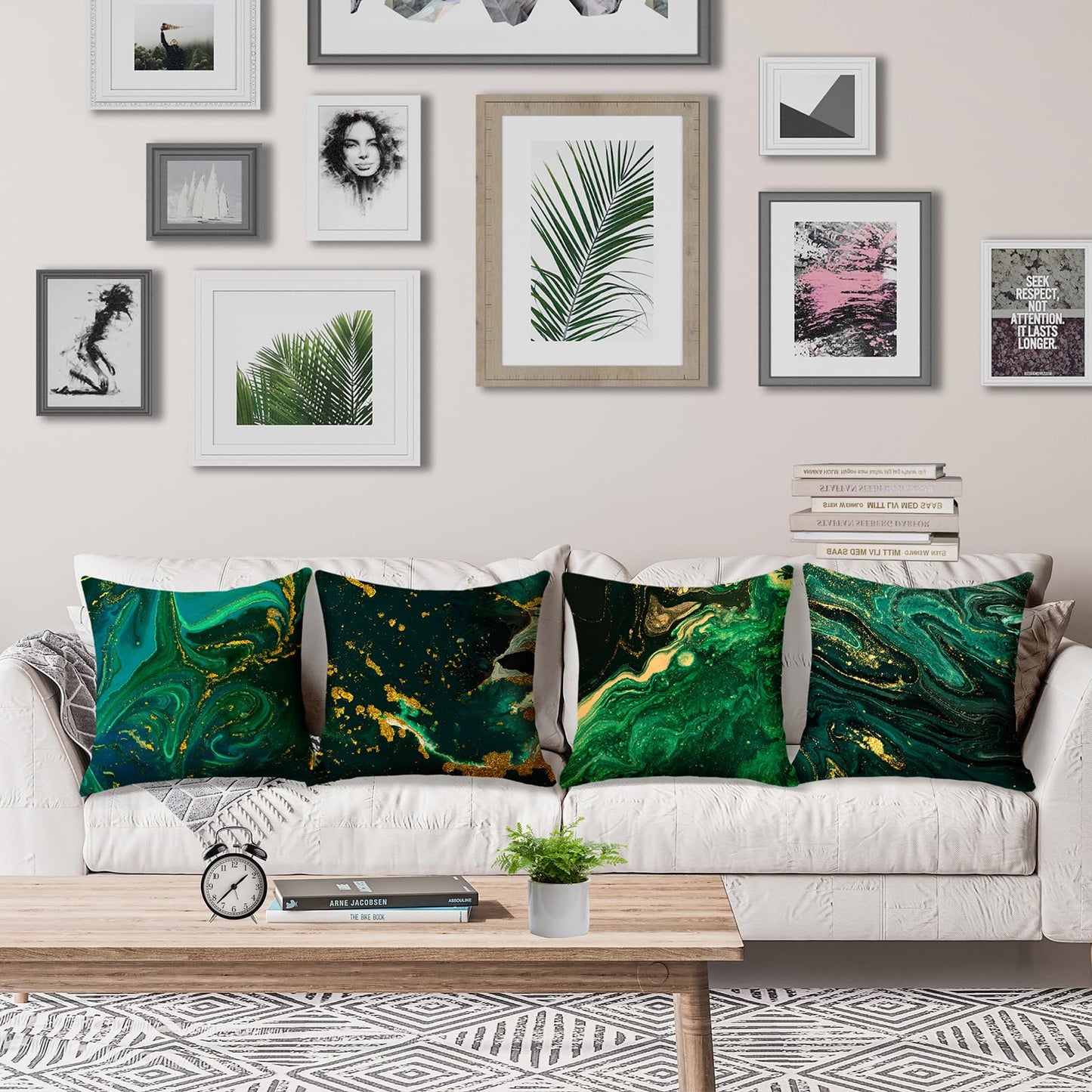 LOHDALOLF Emerald Green Gold Throw Pillow Covers 18x18 inch Set of 4 Abstract Pillow Cases Modern Decorative Cushion Covers for Sofa Couch