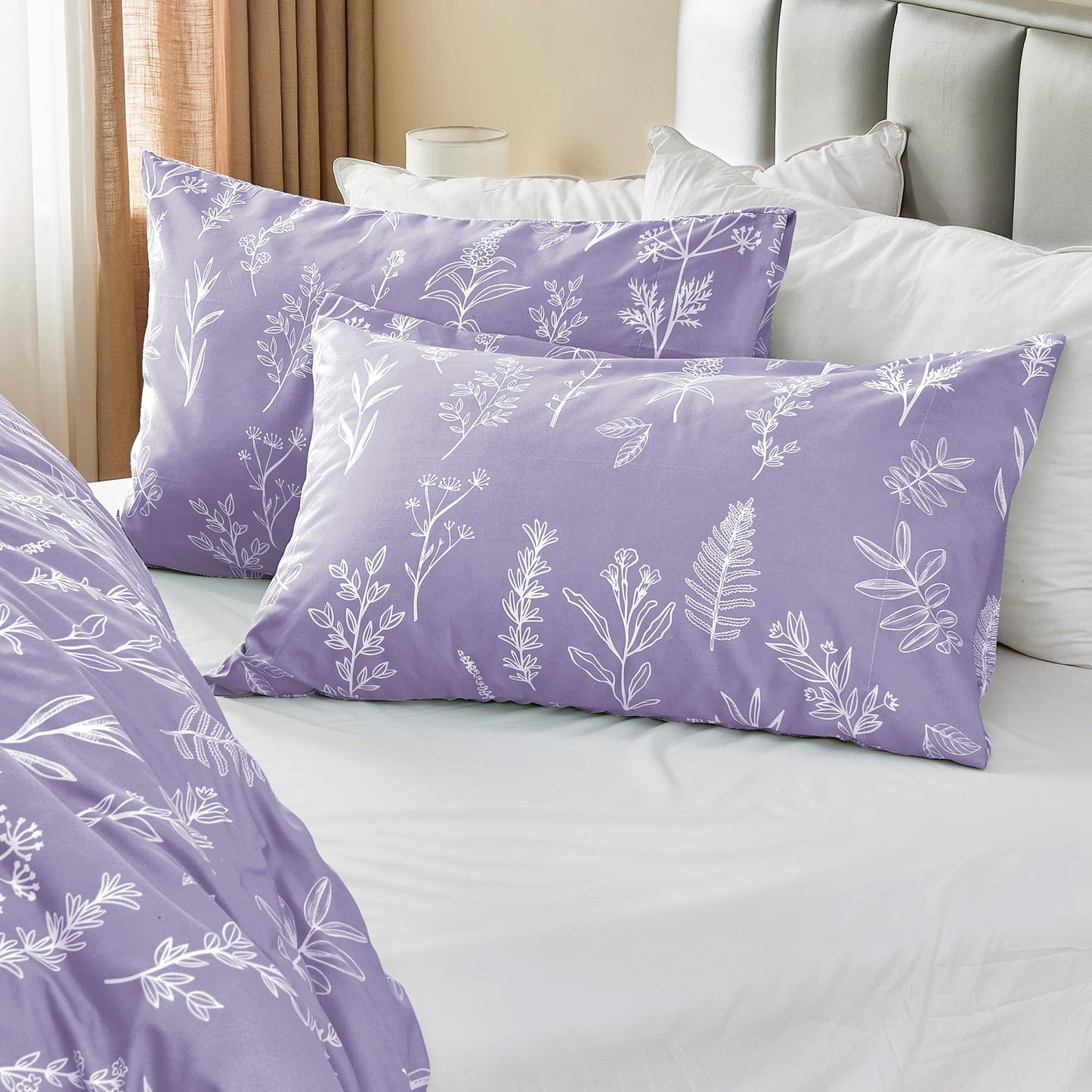 MUXHOMO Duvet Cover Queen Size, Reversible Floral Lavender Duvet Cover Set with Zipper Closure, 3 Pieces Botanical Patterns Soft Microfiber Bedding Set with 4 Ties (90"x90", 2 Pillow Cases)