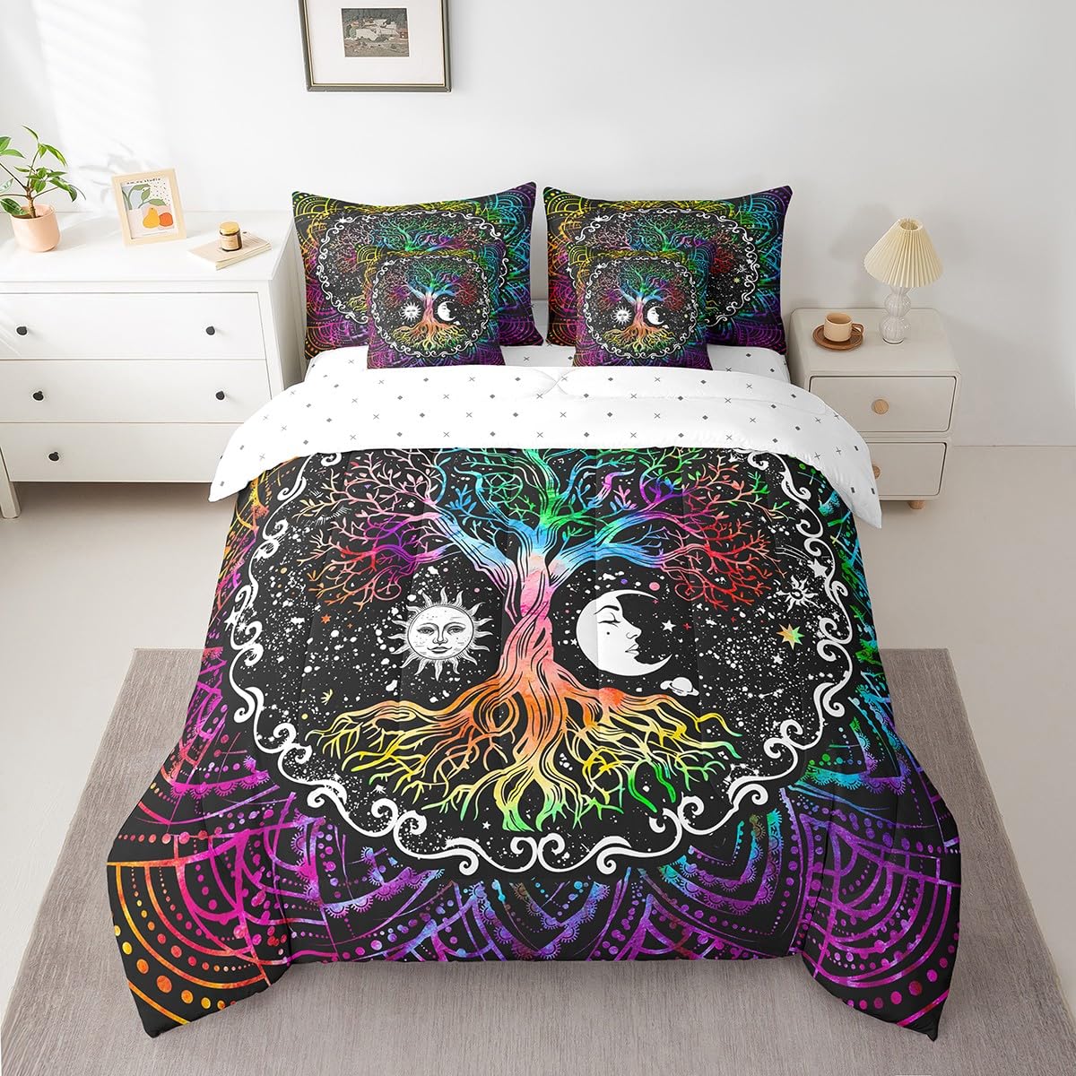 Erosebridal 7 Pcs Tree of Life Comforter Set Twin Size,Sun and Moon Bed in a Bag with Flat Fitted Sheet for Kids and Adults,Boho Mandala Flower Galaxy Bedding Set with Pillowcases and Cushion Cases