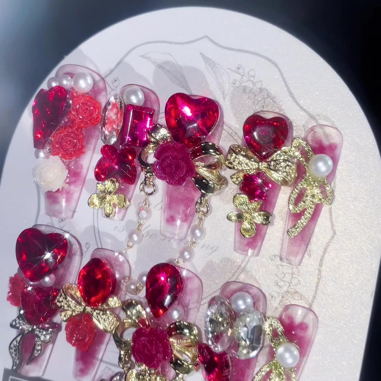 SINHOT Luxury Press on Nails - Long Coffin Fake Nails 3D Handmade Cute Pink Reusable False Nails with Rhinestone Designs,DIY Artificial Nail Art, 24pcs