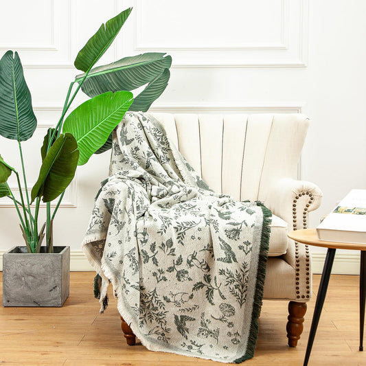 LALIFIT Boho Chic Decorative Throw Blanket Vintage Woodland Floral Bird Design with Tassels Soft Cotton Lightweight & Cozy for Home, Couch, Sofa, Farmhouse 50x60 Inches (Sage Green)