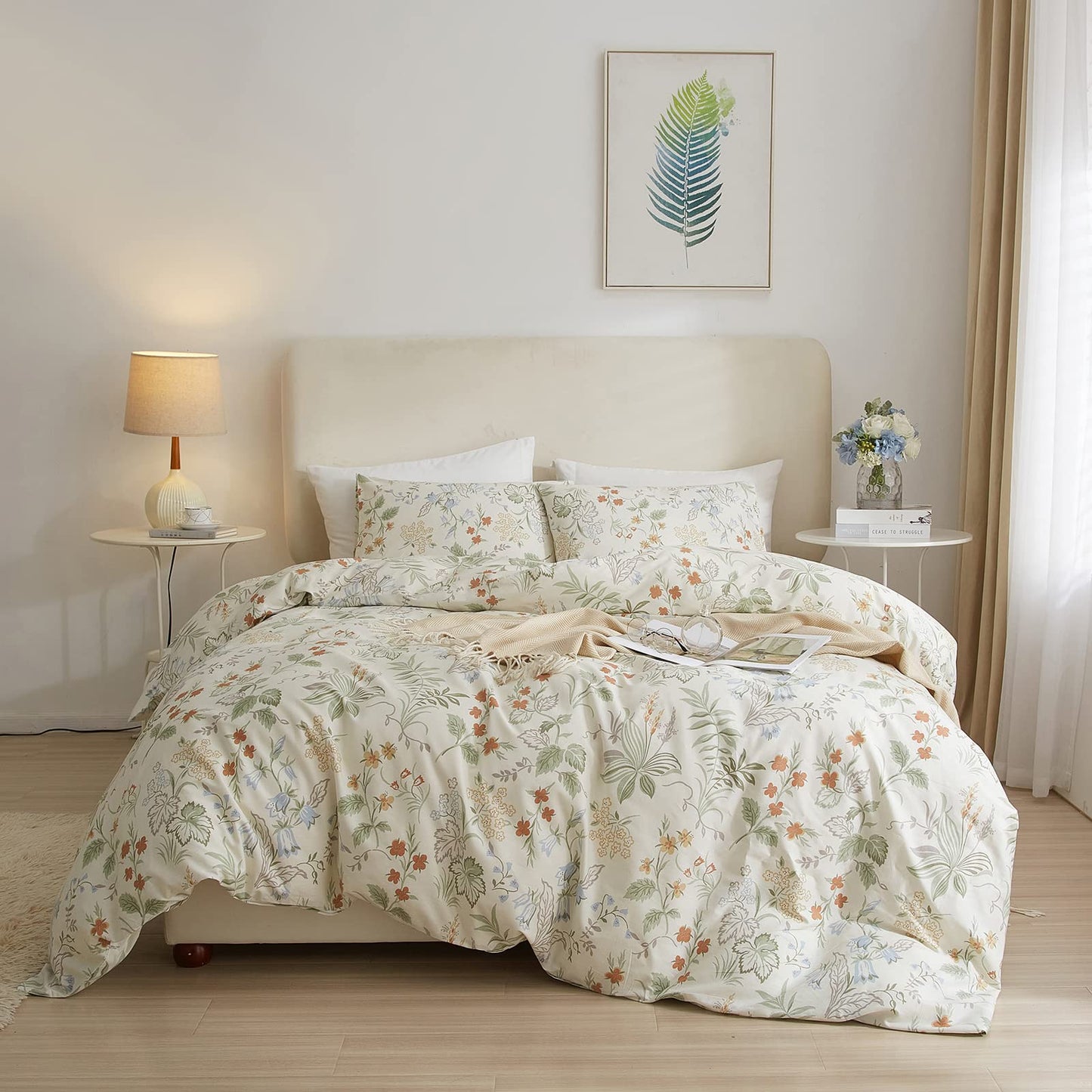 mixinni Floral Duvet Covers Queen Size Botanical Flower Leaf Printed on White Bedding Duvet Cover Set with Zipper Closure Ties for Him and Her 1 Duvet Cover with 2 Pillowcases-(3pcs, Queen Size)