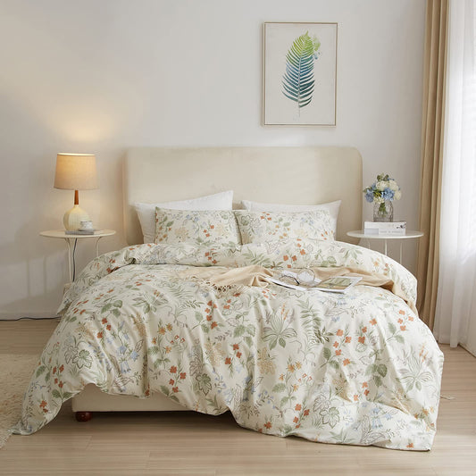 mixinni Floral Duvet Covers Queen Size Botanical Flower Leaf Printed on White Bedding Duvet Cover Set with Zipper Closure Ties for Him and Her 1 Duvet Cover with 2 Pillowcases-(3pcs, Queen Size)