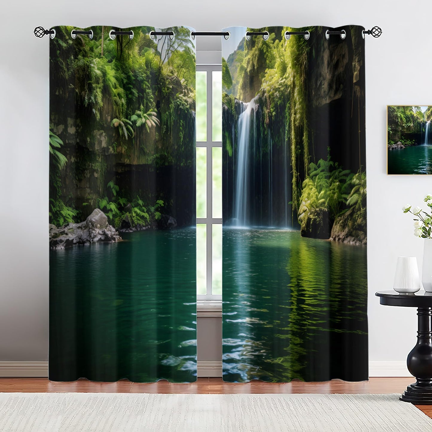 JAXIUOF Green Forest Curtains for Living Room 63 Inch Long 2 Panels, 3D Waterfall Blackout Curtains, Tropical Jungle Window Treatments for Living Room Bedroom Dining Room Office