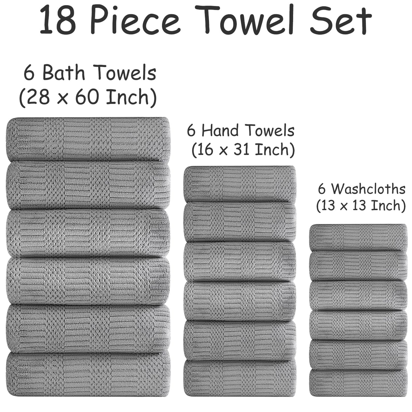 18 Pcs Gray Woven Family Towels Set-6 Bath Sheets,6 Hand Towels,6 Washcloths Soft Microfiber Towels Absorbent Shower Towel Quick Dry Beach Chair Towel Lint Less Towels Set for Bathroom Spa Gym Hotel