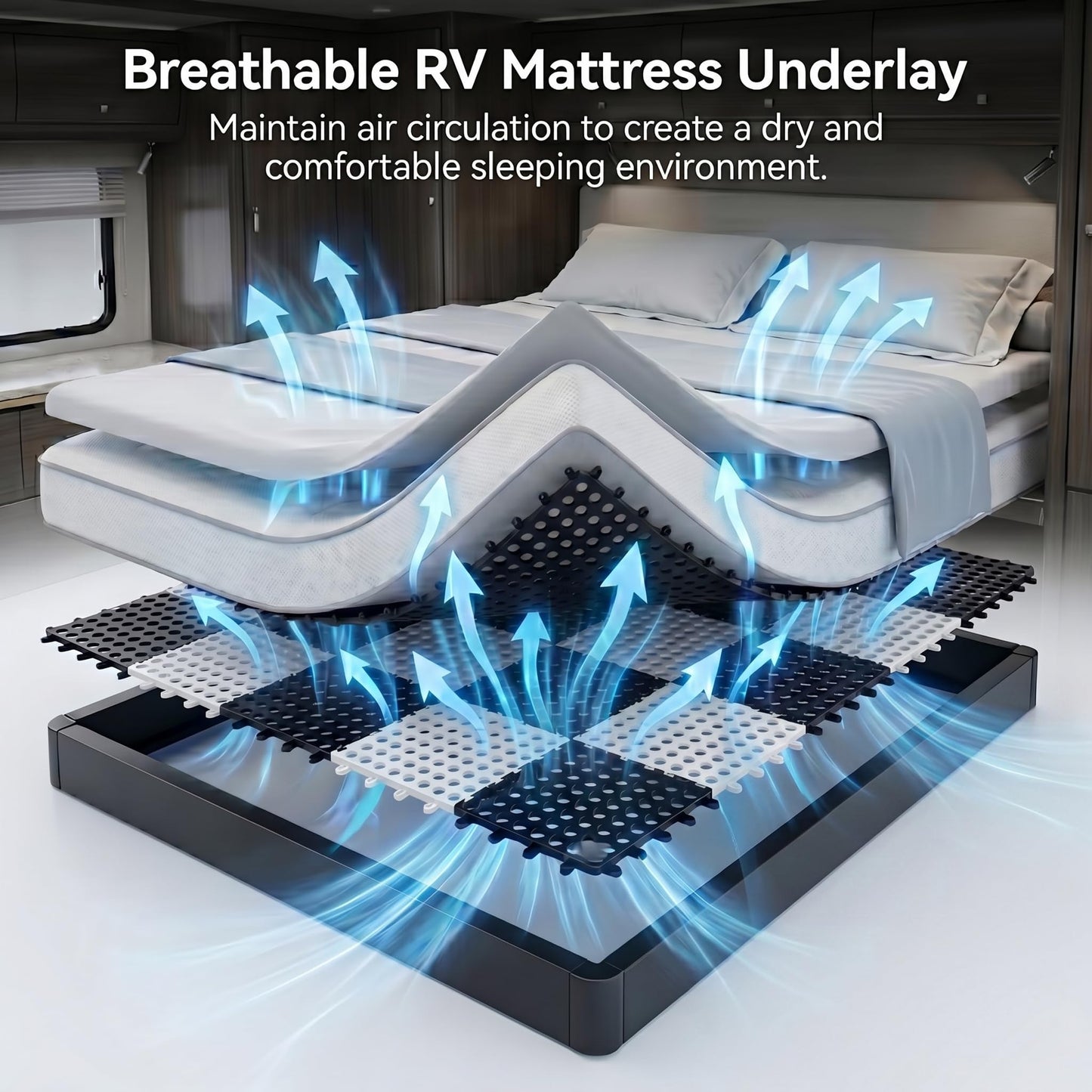 83" L x 59" Inch Plastic Ventilated Mattress Underlay Pad for RV Boat Camper Interlocking Modular Design, Breathable Mesh RV Under Mattress Ventilation Air-Flow (Black+White)