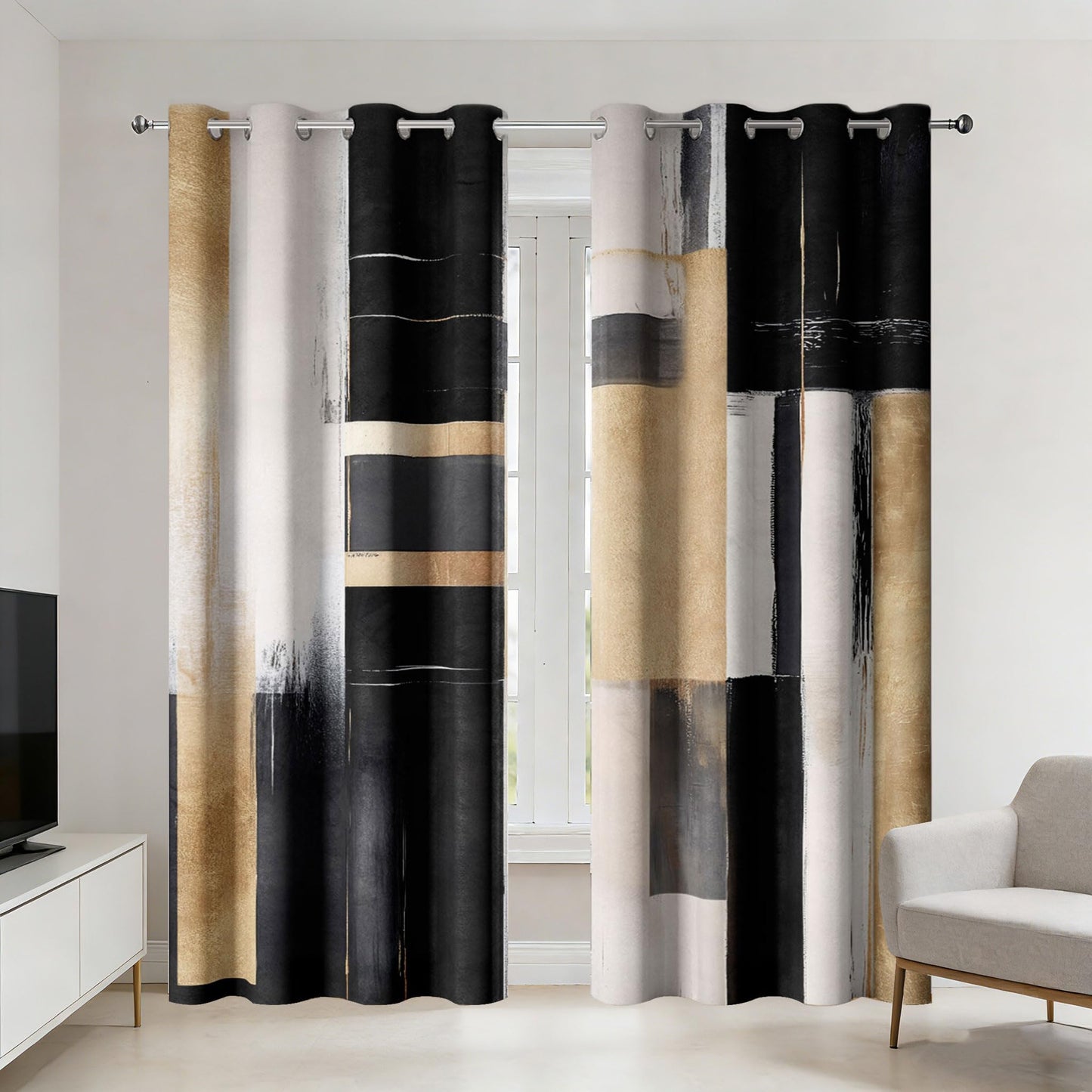 Xioistiy Black and Gold Abstract Blackout Curtains, Boho Modern Aesthetic Grommet Window Drapes, Beige Cream Tan Brown Oil Painting Neutral Art Curtain for Bedroom Living Room 2 Panels, 52"X84"