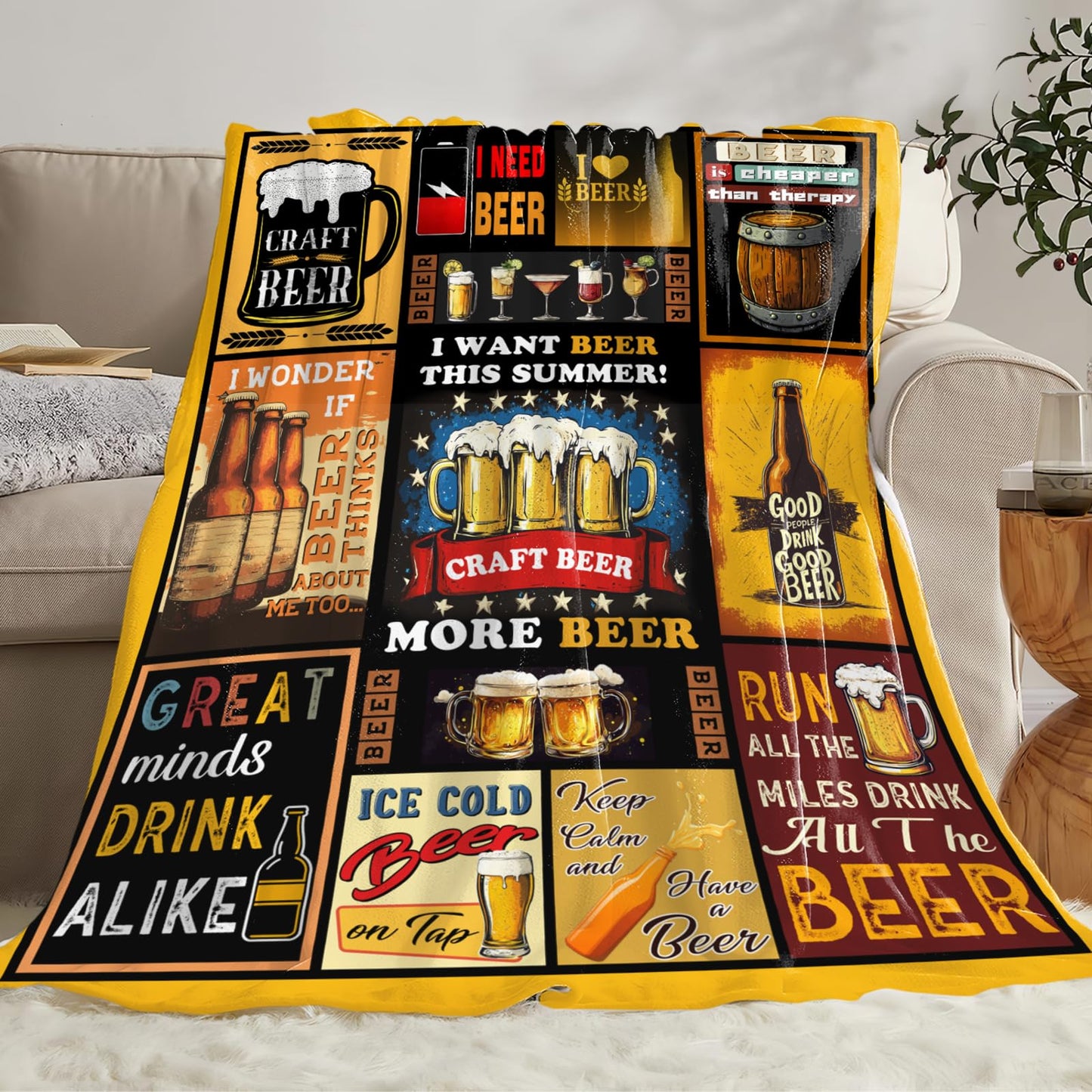 Beer Blanket for Mens, Wheat Cheer Beer Flannel Throw Blanket, Cozy Fleece Soft Stuff Blankets Gift for Women Men Couch Sofa Bed 50" x 40"