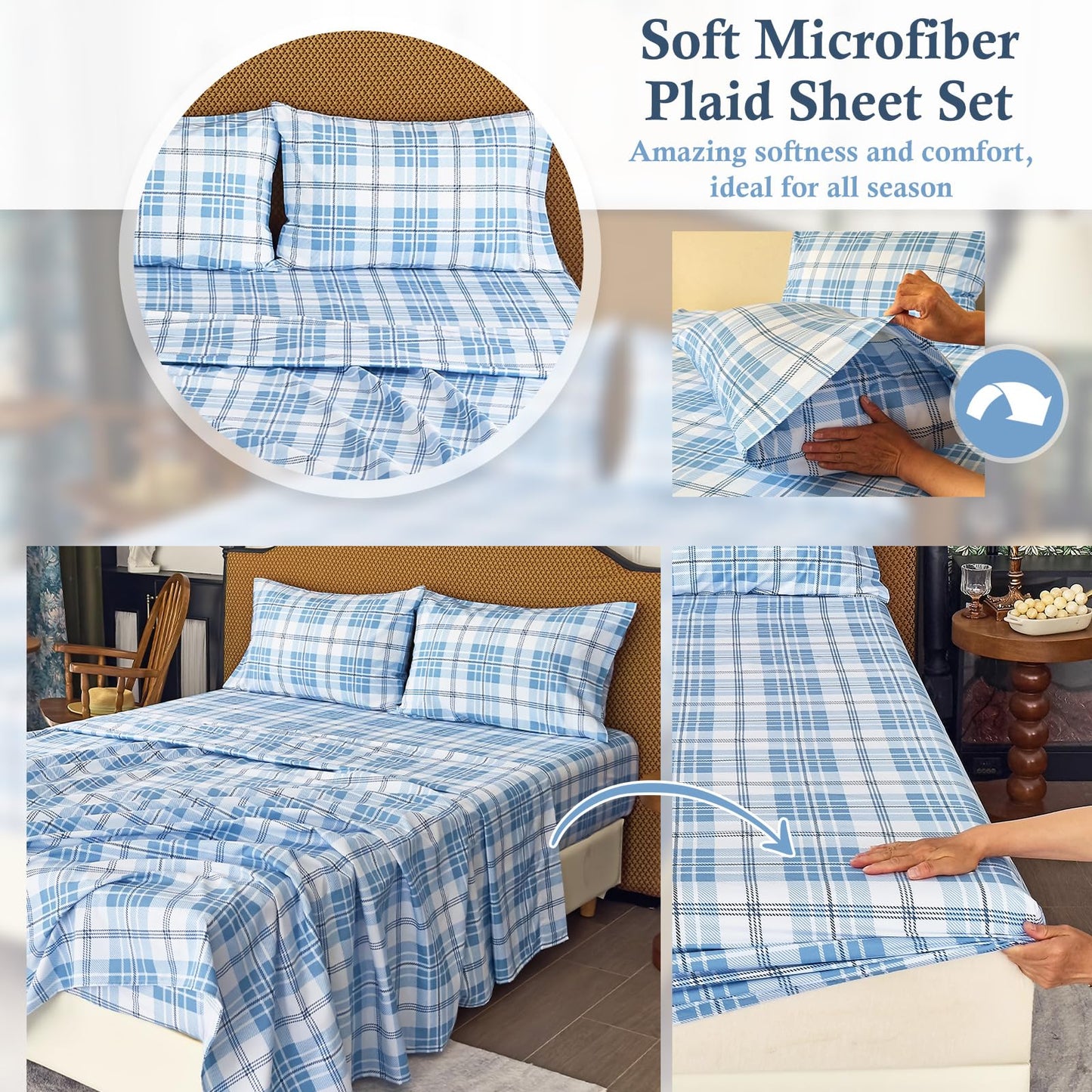 MICORAL Queen Sheet Set Plaid Patten, 4-Piece Printed Bed Sheets, 16" Deep Pocket, Ultra Soft & Cooling Sheet, Oeko-TEX Certified, Plaid Light Blue