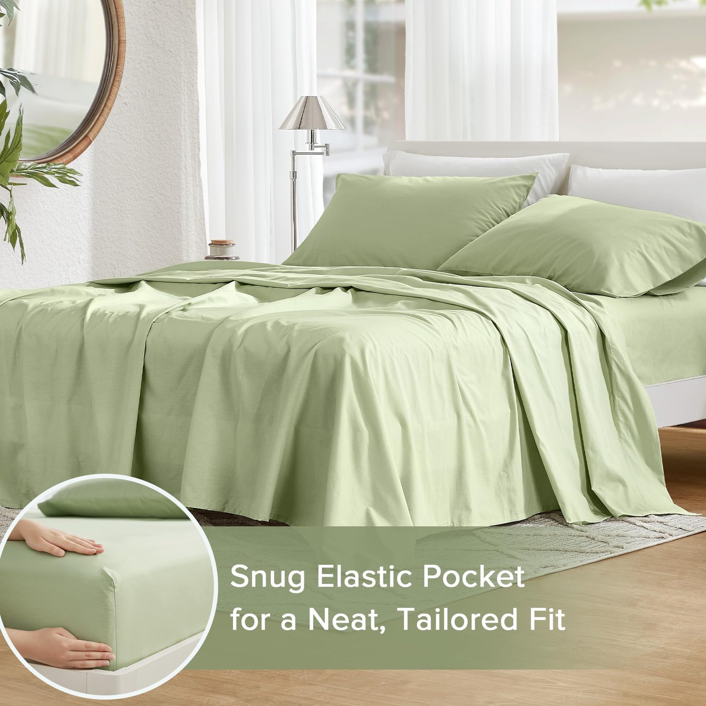 Comfort Spaces 100% Cotton Sheets King, Breathable & Soft Cotton Sheets, Naturally Cool Cotton Bed Sheets with 14" Elastic Pocket Fits up to 16" Mattress, All Seasons Sheet Set, Sage Green 4 Piece