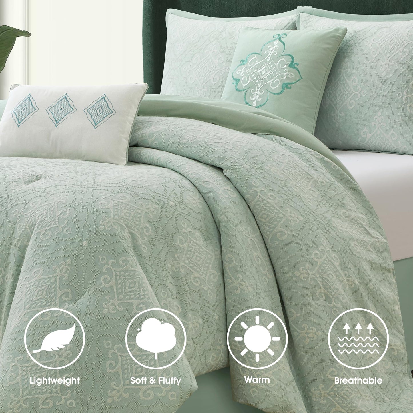 LANCO MODERN LIFESTYLE Sage Queen Comforter Set, Cotton Fabric, Luxury and Comfortable for All Seasons, 6 Pieces Bedding Set with Pillow Shams, Decorative Pillows and Bedskirt