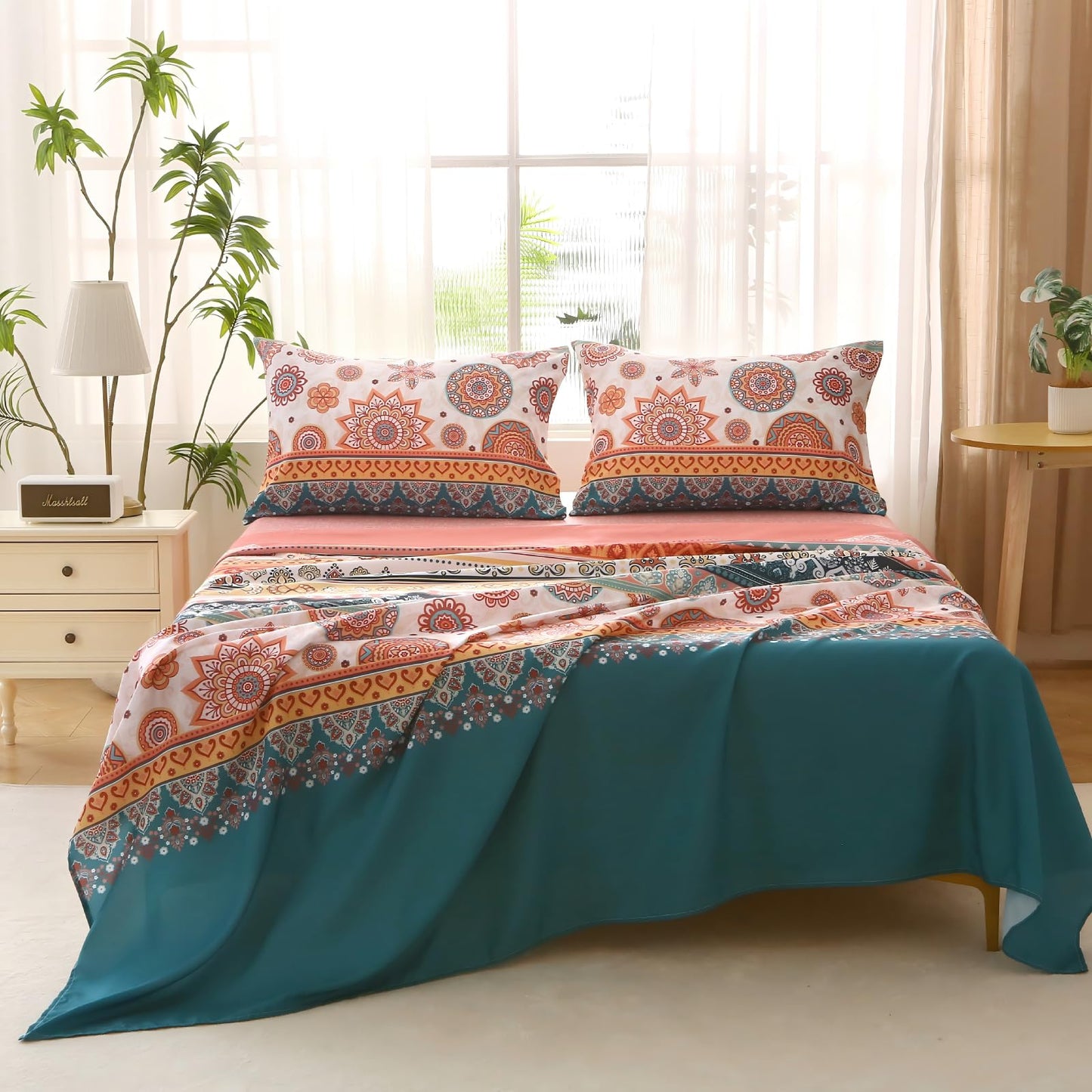 MUXHOMO Queen Size 4 Piece Sheet Set, Soft & Breathable Sheet for Bedroom with Deep Pocket Up to 16", Wrinkle-Free & Cooling Bed Sheet with Flat Sheet, Fitted Sheet & Pillowcases - Bohemian Flowers