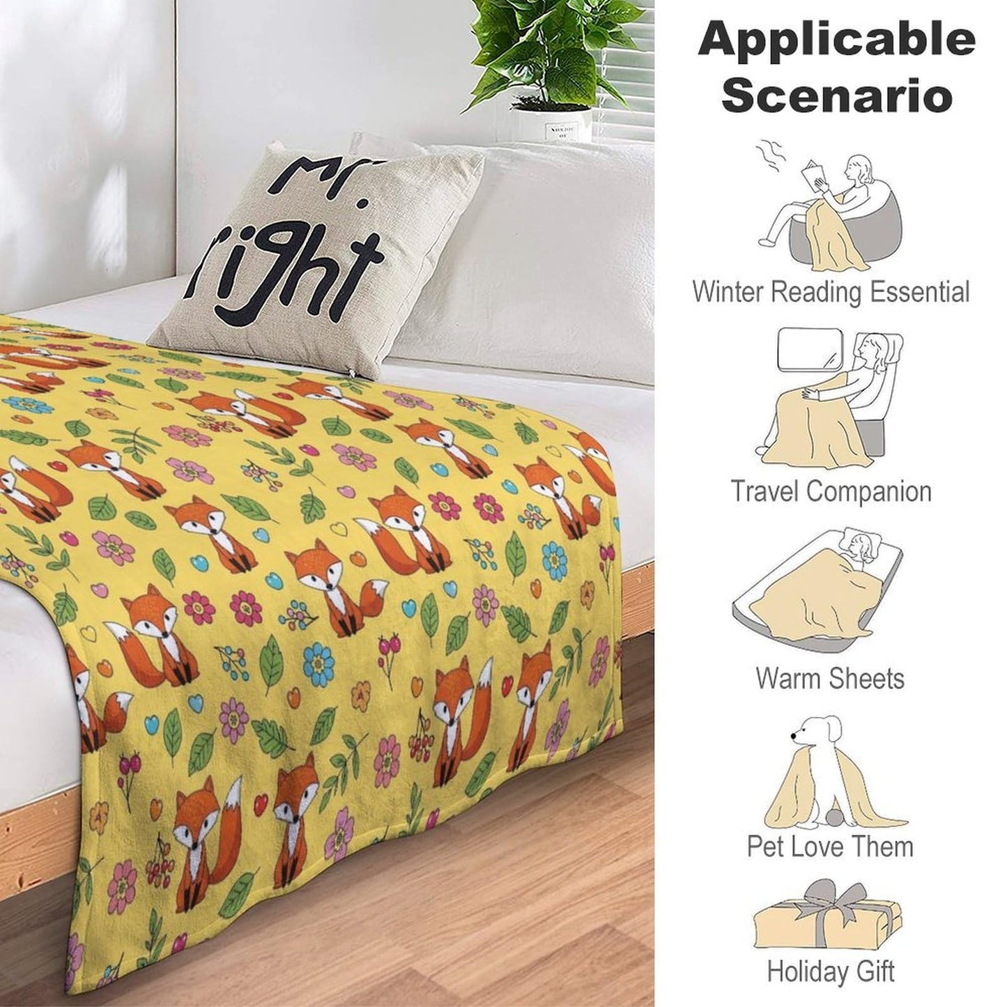 Soft Air Conditioned Blanket, Home Decor Cozy Warm Blanket for Bed, Sofa and Couch Compatible with Cute Fox Floral