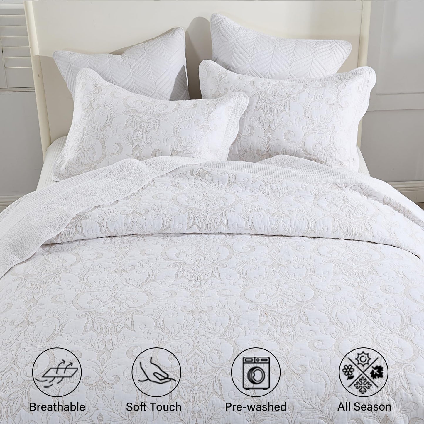Finlonte Oversized King Bedspread 120"x120" - 100% Cotton Vine Embroidery King/Cal King Quilted Bedspread Coverlet, Lightweight Extra Large Quilt Set with 2 Pillowshams, White/Yellow
