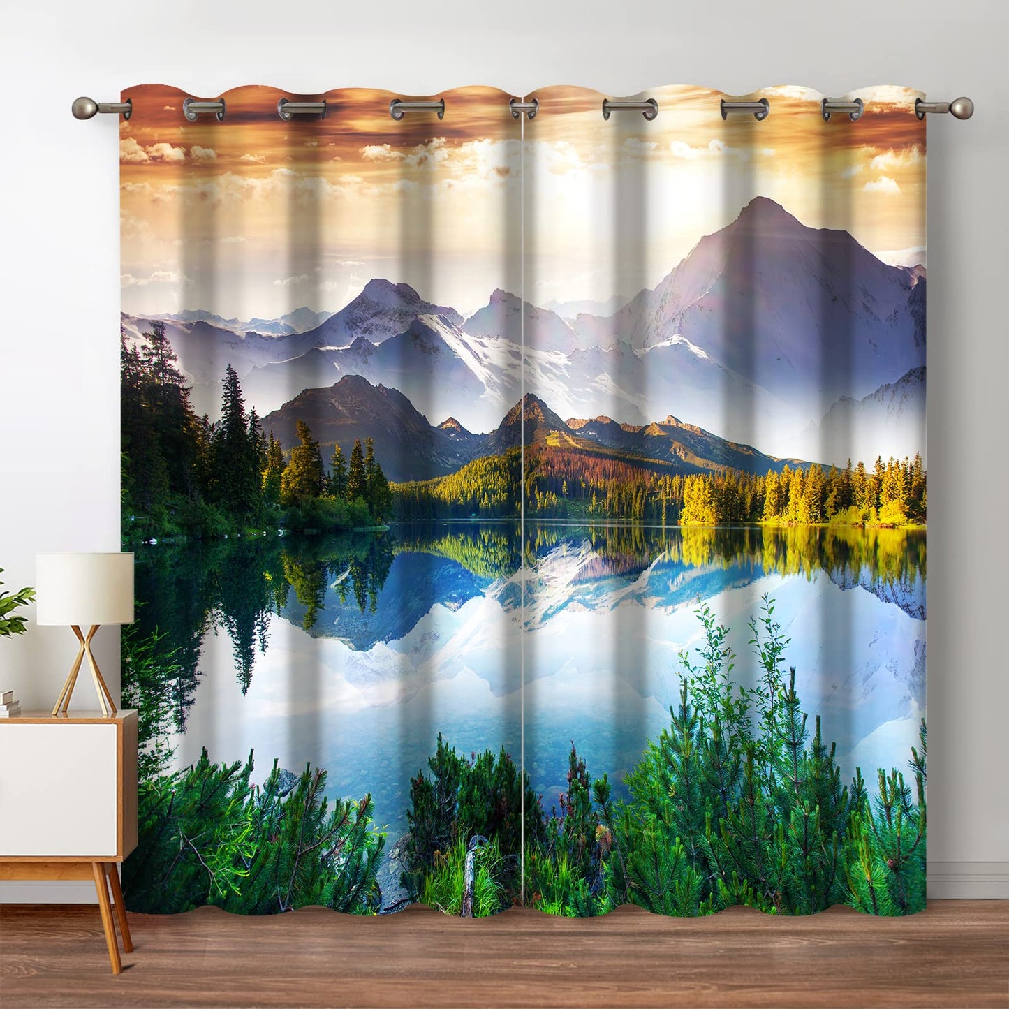 Jekeno Mountain Forest Blackout Curtains Tree Lake in Sunny Sky Nature Scenery Decor for Bedroom Living Room Grommet Window Drapes 2 Panel Set, 52"x84"