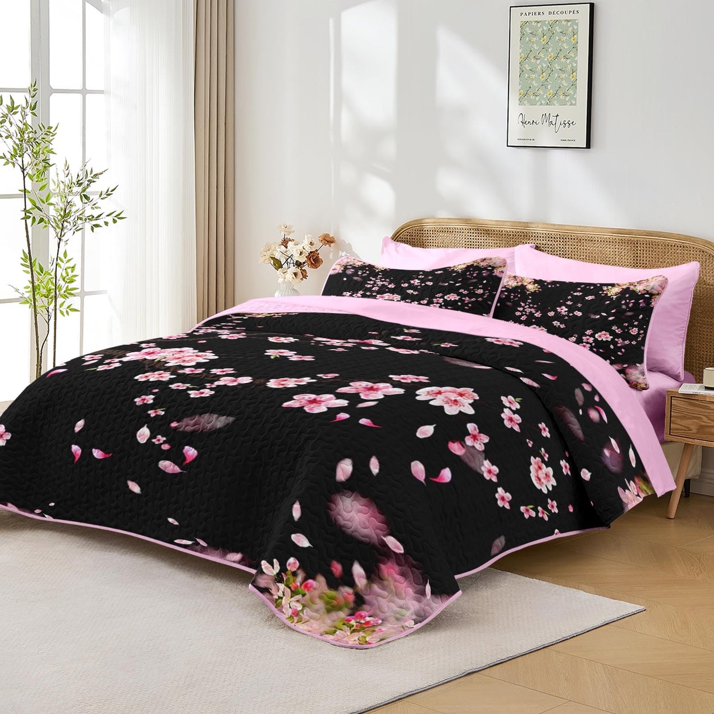 Pamnest 7 Pcs Quilt Set Queen Size, Cherry Floral Pink Soft Bed Cover Bedding Set for Kids and Adults, Japanese Black Bedspread with Fitted Sheet 2 Pillowcases & 2 Shams for All Season