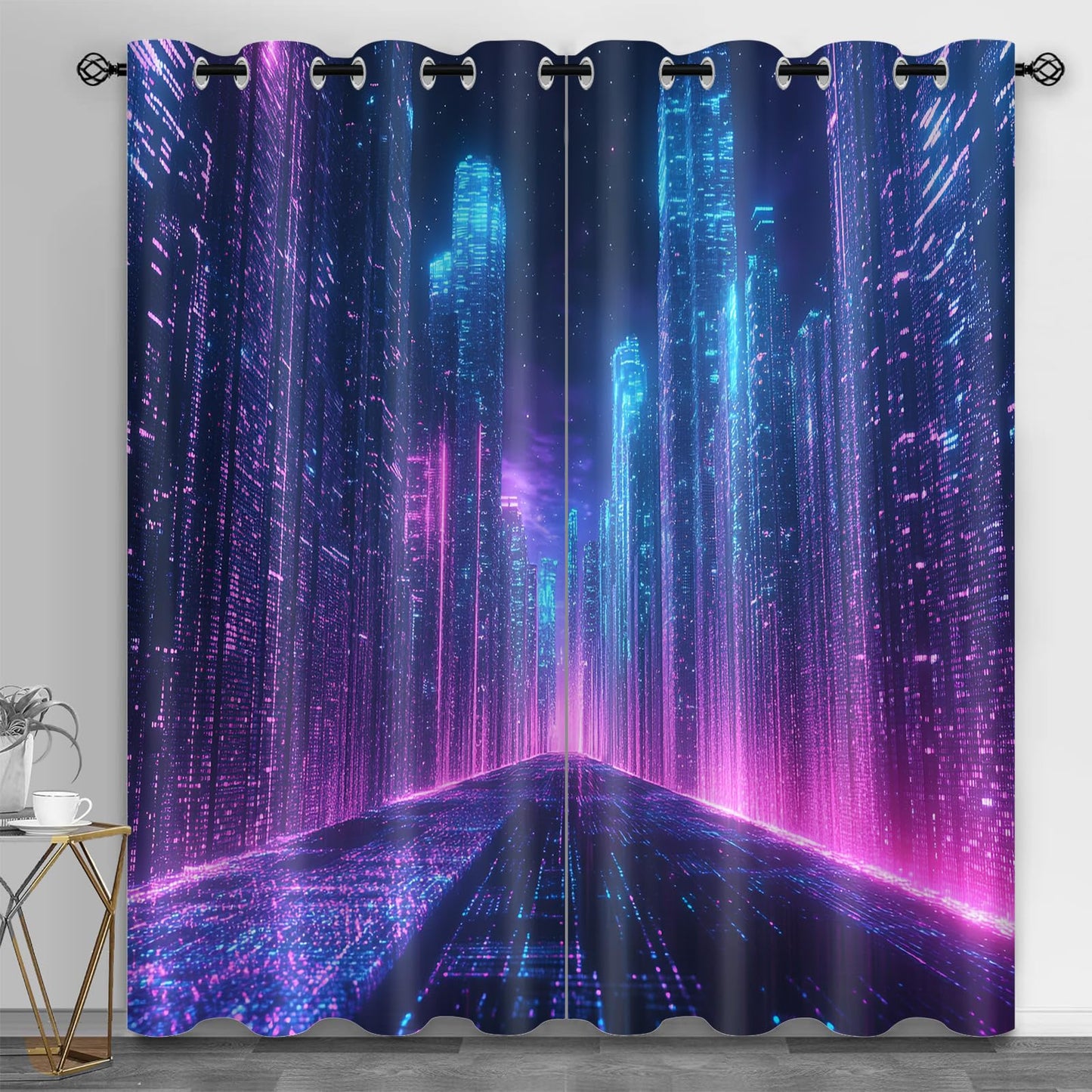 XAFIAUR City Neon Blackout Curtains, City Buildings Printed Drapes, Cyberpunk Thermal Insulated Drapes 2 Panels Darkening Window Curtain for Bedroom Living Room 27" W x 39" L x2