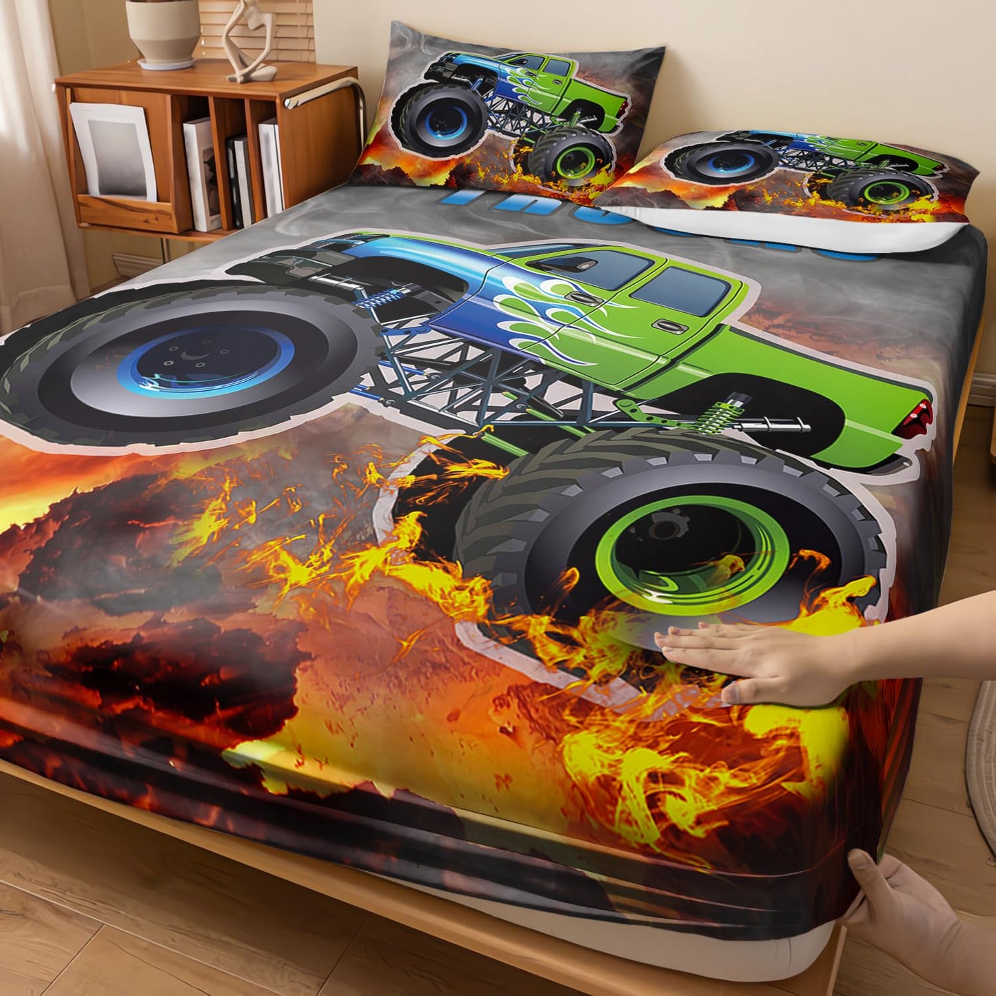AILONEN Cartoon Green Monster Trucks Fitted Sheet Set Twin Size for Kids Boys, Extreme Sports Bedding, 3 Pieces: 1 Fitted Sheet and 2 Pillowcases
