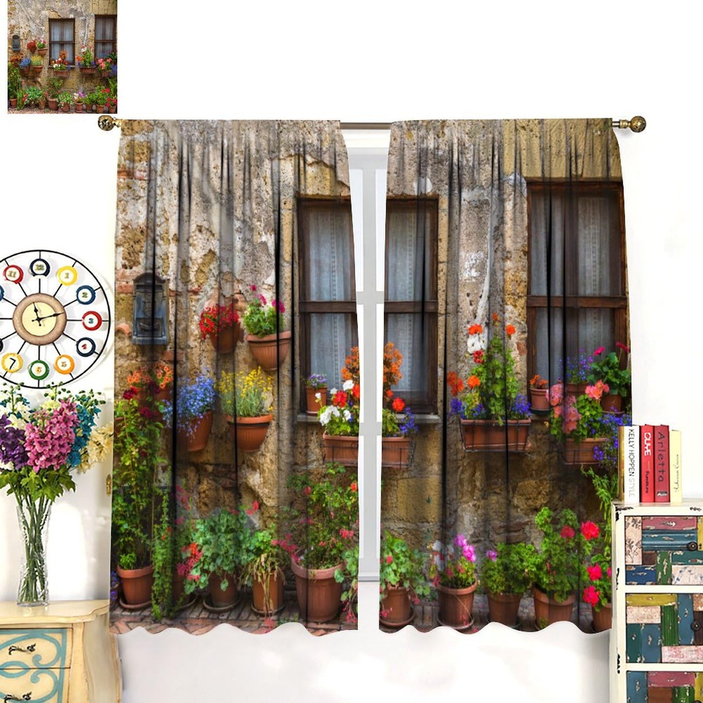DDCBNS ltalian Style Curtains Old Stone Wall Flowers Printed Window Treatments for Bedroom Living Room Kitchen Café European Town Scenery Décor Drapes 2 Panel Sets Total Size 42" x 45"