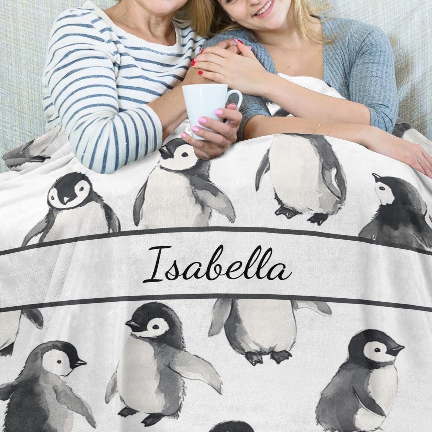 Personalized Penguin Throw Blanket, Custom Name Soft Flannel Blanket Gift for Him Mom Dad, Warm Cozy for Couch Sofa Bed Living Room
