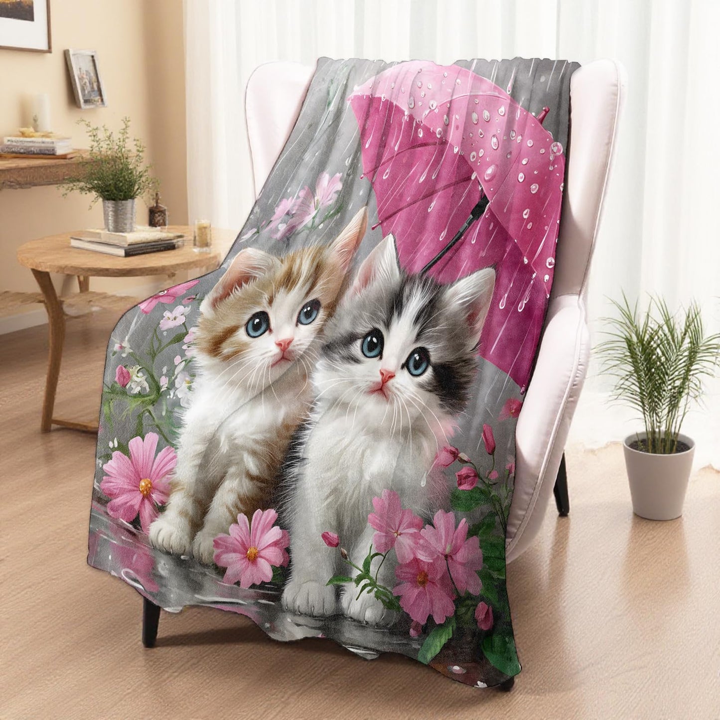 xmwjfd Adorable Kitten Rainy Day Blanket, Cozy Plush Cute Cats with Flowers Throw Blanket for Couch Bedroom Outdoor, Lightweight Soft Flannel Travel Blankets, Gifts for Women Kids, Warm Decor 50"×60"