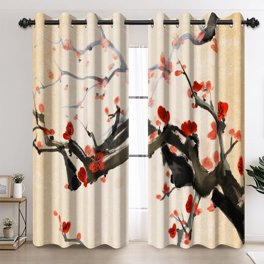 AOFOTO Oriental Traditional Chinese Plum Blossoms Floral Grommet Room Darkening Curtains, Vintage Cherry Blossom Ink Painting Window Drapes Curtains for Bedroom Living Room 42x63 Inches, 2 Panels