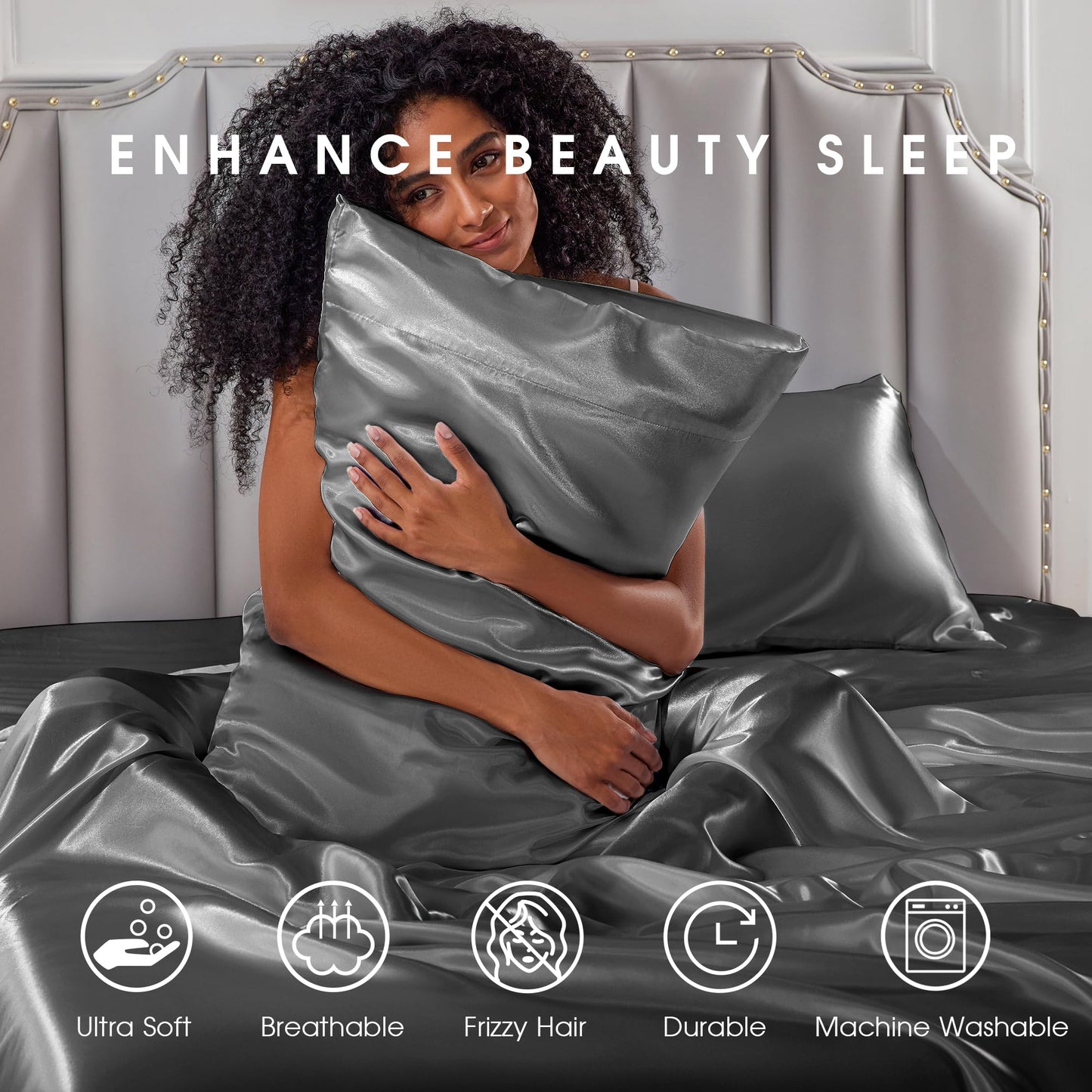 FreshCulture Satin Sheets Full Size - 4 Piece Luxury Soft Silky Full Size Bed Sheets, Similar to Silk Bed Sheet Set with 1 Deep Pocket Fitted Sheet, 1 Flat Sheet & 2 Pillowcases (Dark Grey)