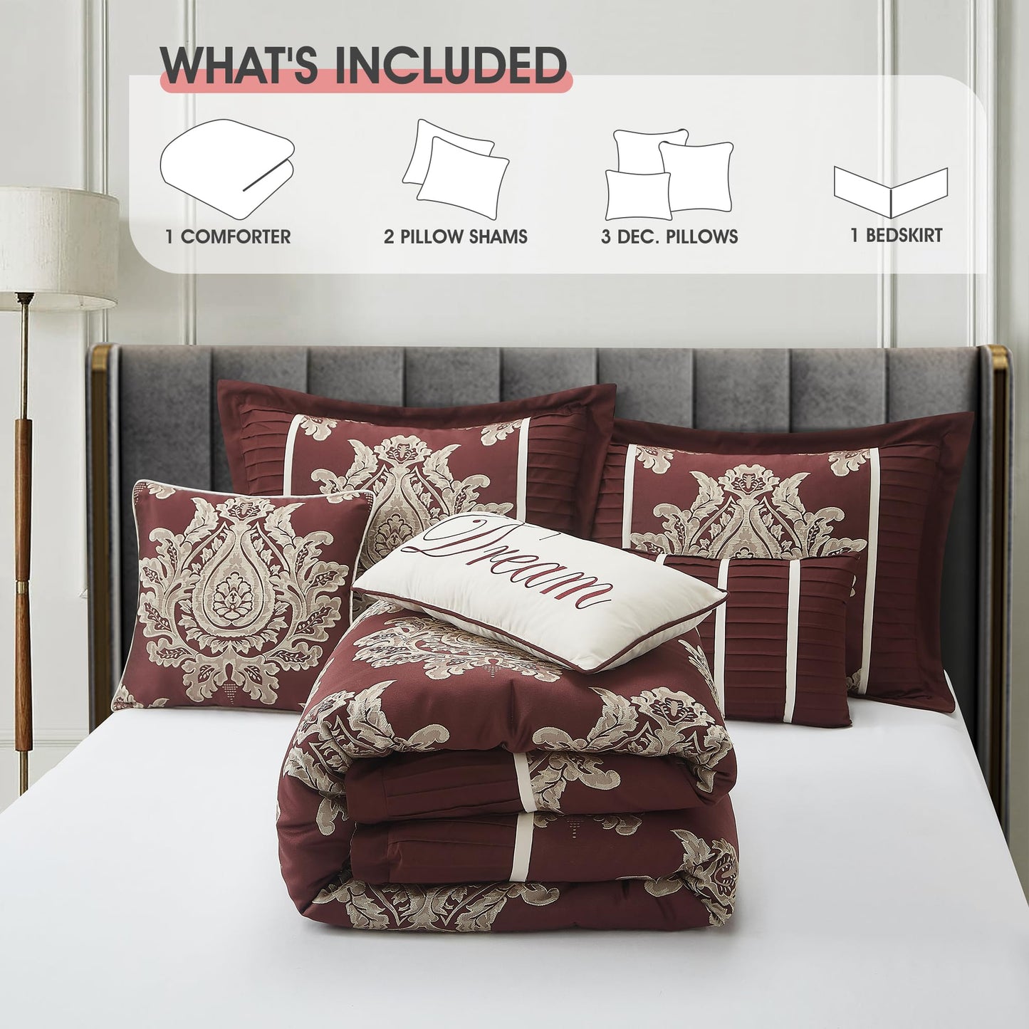 LANCO MODERN LIFESTYLE Burgundy King Size Comforter Set 7 Pieces, Jacquard Woven with Damask, Bedding Set in a Bag Includes Comforter, Bed Skirt, Pillow Shams, and Decorative Pillows