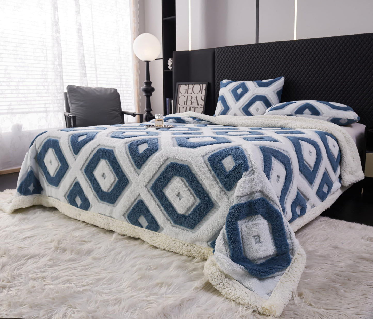 LEVINIS Boho Sherpa Fleece Blanket 80'' × 90'', Ultra Soft Aztec Queen Blanket for All Season, Cozy, Plush, Bohemian Throw Blankets for Bed/Couch/Sofa/Office/Camping, Blue