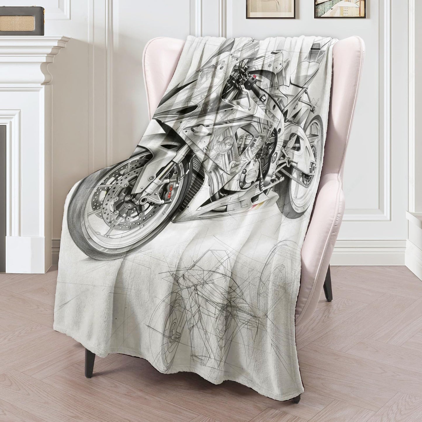 Detailed Motorcycle Sketch Flannel Throw Blanket - Soft, Comfortable, Lightweight, Warm, Cozy - Anti-Pilling, Fuzzy Design for Couch, Bedroom, Travel - Unisex 60×50in