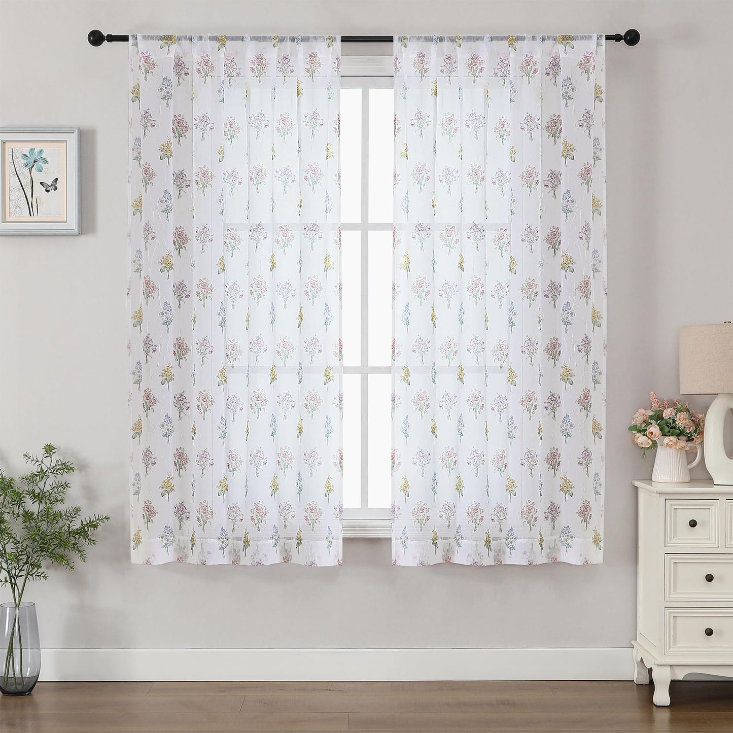 Ebesto Crushed Floral Sheer Curtains 63 Inch Length - Light Filtering Printed Sheer Flower Patterned Curtains for Bedroom, Spring Romantic Rod Pocket Window Drapes, 2 Panels, 42Wx63L Inches, White