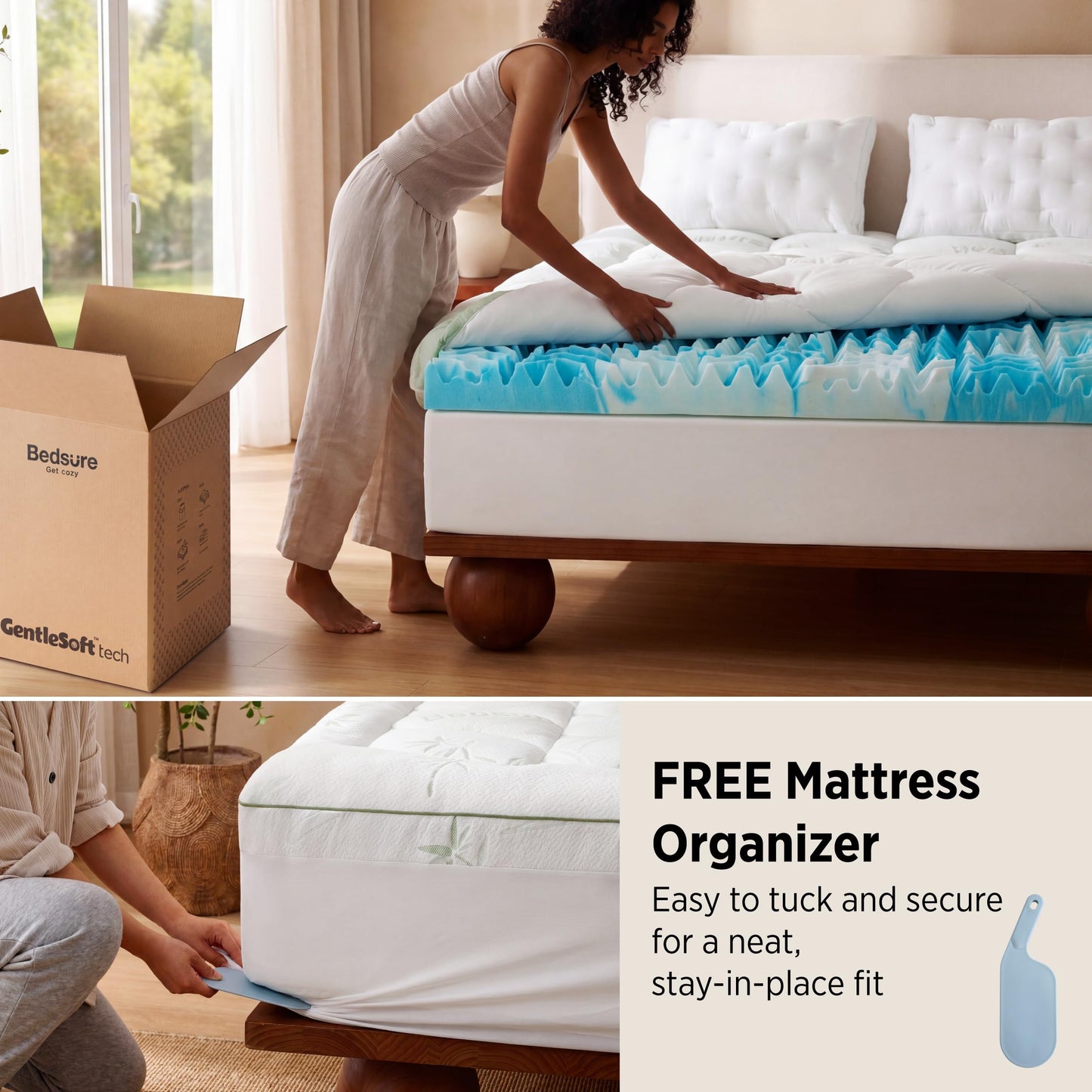 Bedsure 2-in-1 Mattress Topper, 5 Inch Memory Foam Mattress Topper Queen, 3 Inch Memory Foam + 2 Inch Viscose Made from Bamboo Mattress Topper Pad Cover, Flippable Memory Foam with Dual Comfort, White