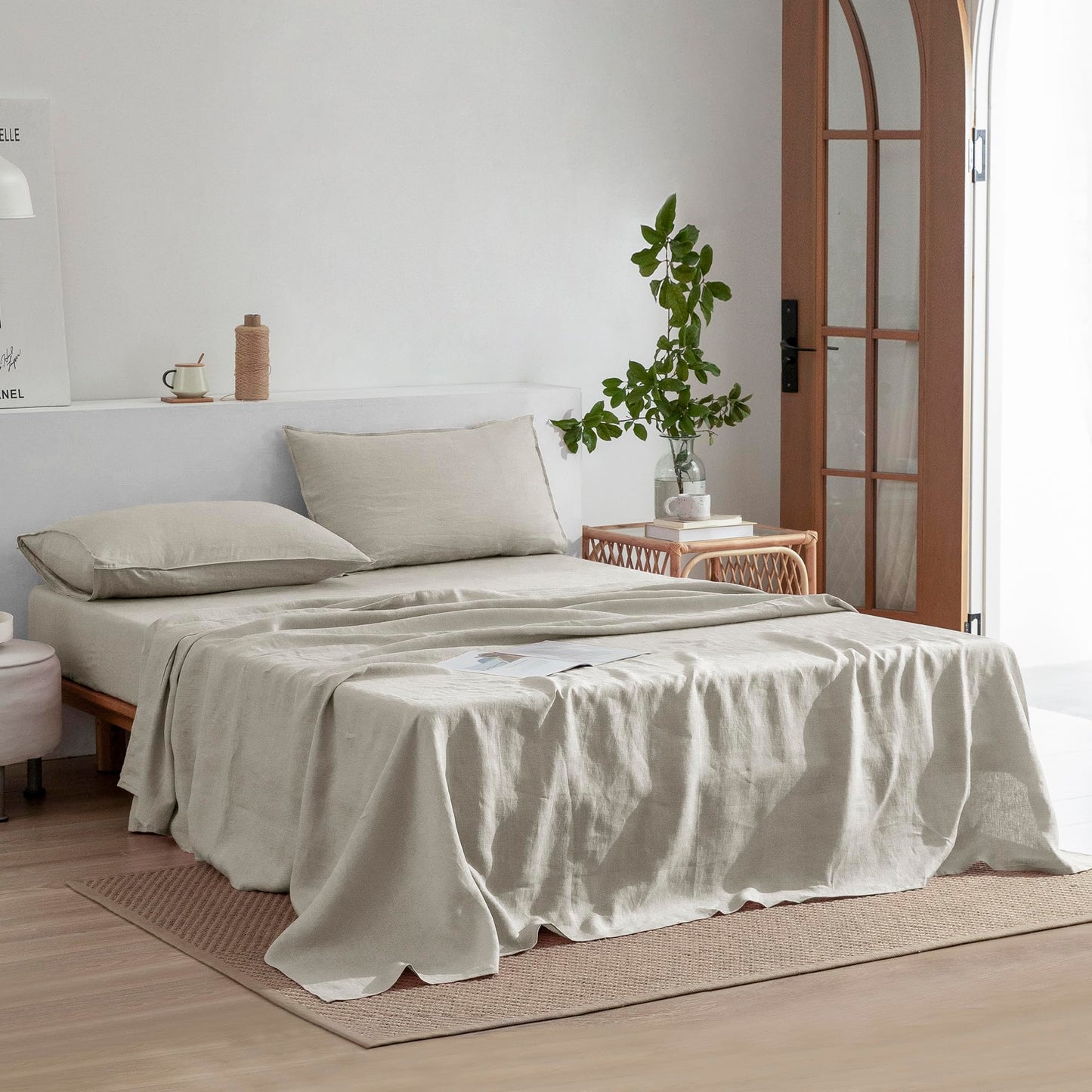 EVERLY Linen Sheets Set Twin Size,100% French Pure Linen Sheets Set,3Pieces (1Flat Sheet,1Fitted Sheet,1Pillowcase) Suitable for Hot Sleepers, Stonewash Not Dyed Deep Pocket Natural Linen Bedding Set
