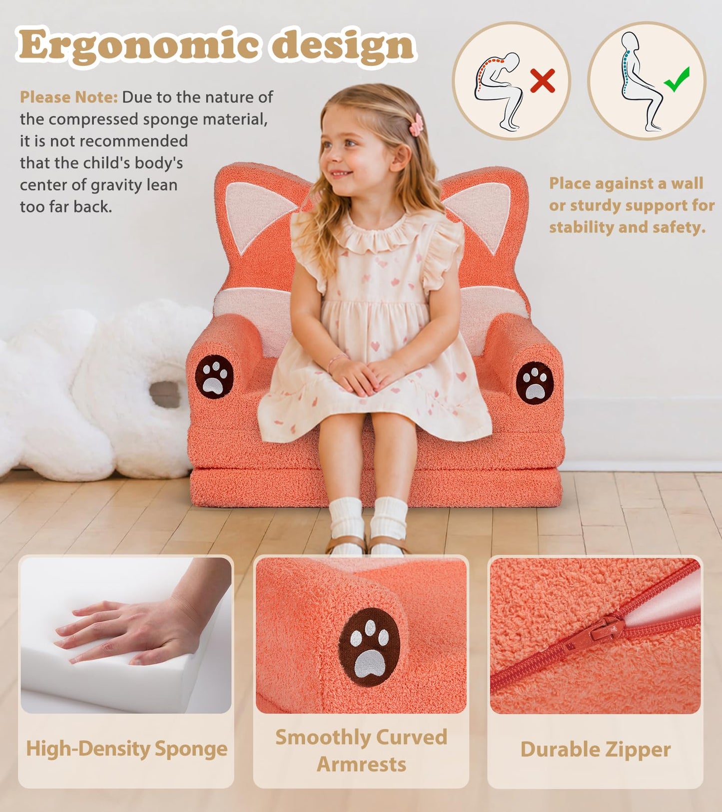 Foryoomi Kids Couch, 2-in-1 Soft Toddler Couch Fold Out with Blanket, Chair Comfy, Foldable Convertible Plush Sofa, Gifts for Kids Girl Boys, Fox