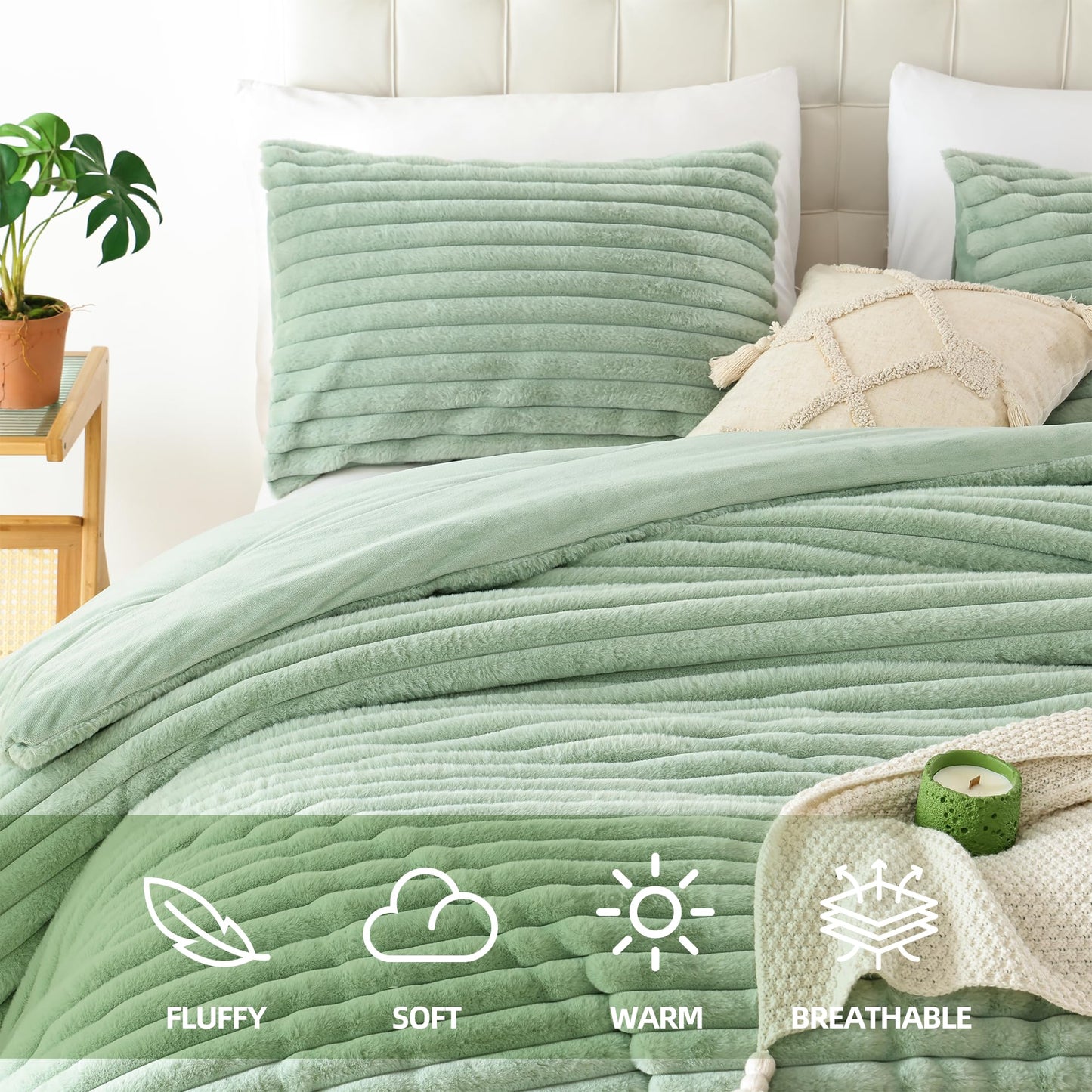 Smoofy Fluffy King Size Comforter Set 3 Pieces - Sage Green Fleece Fluffy Comforter Set, Luxury Fuzzy King Bedding Set, Soft King Bed Set All Season, Heavy Faux Fur Comforter with 2 Pillow Cases
