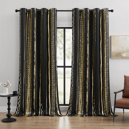 BOHOMOCASA Black and Gold Curtains, 100% Blackout, Boho Metallica Gold Foil Pattern – Thermal Insulated, Noise Reducing, Grommet Top, Set of 2 Panels, 52 x 96 Inch, Bohemian Design