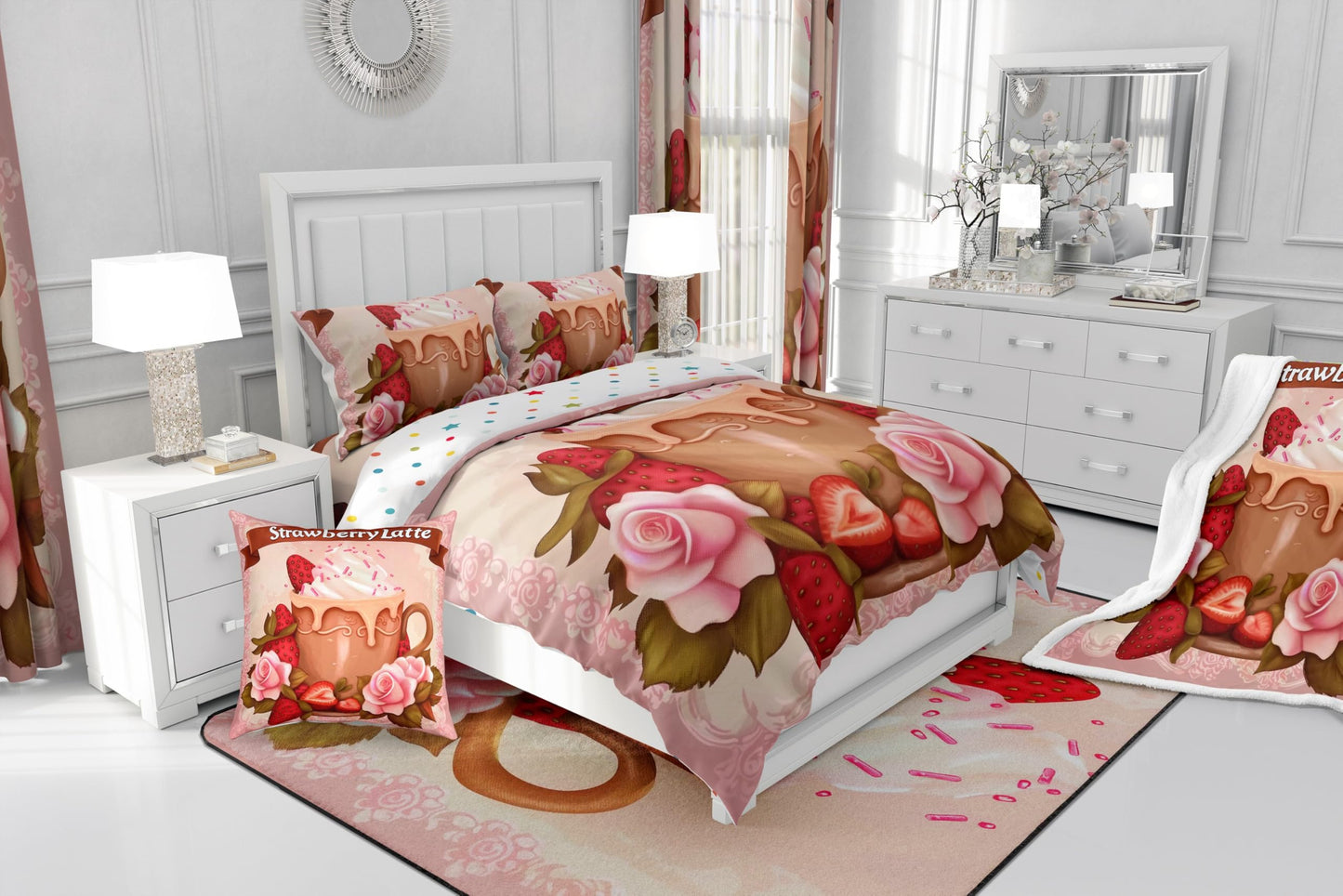 Erosebridal Strawberry Lattle Bedding Set for Kids Teens,Delicious Fruit Comforter Set Full Size,Girls Strawberry (Comforter+Fitted+Flat Sheet+2 Pillowcases+2 Throw Pillow Covers) 7 Pieces Bed Set