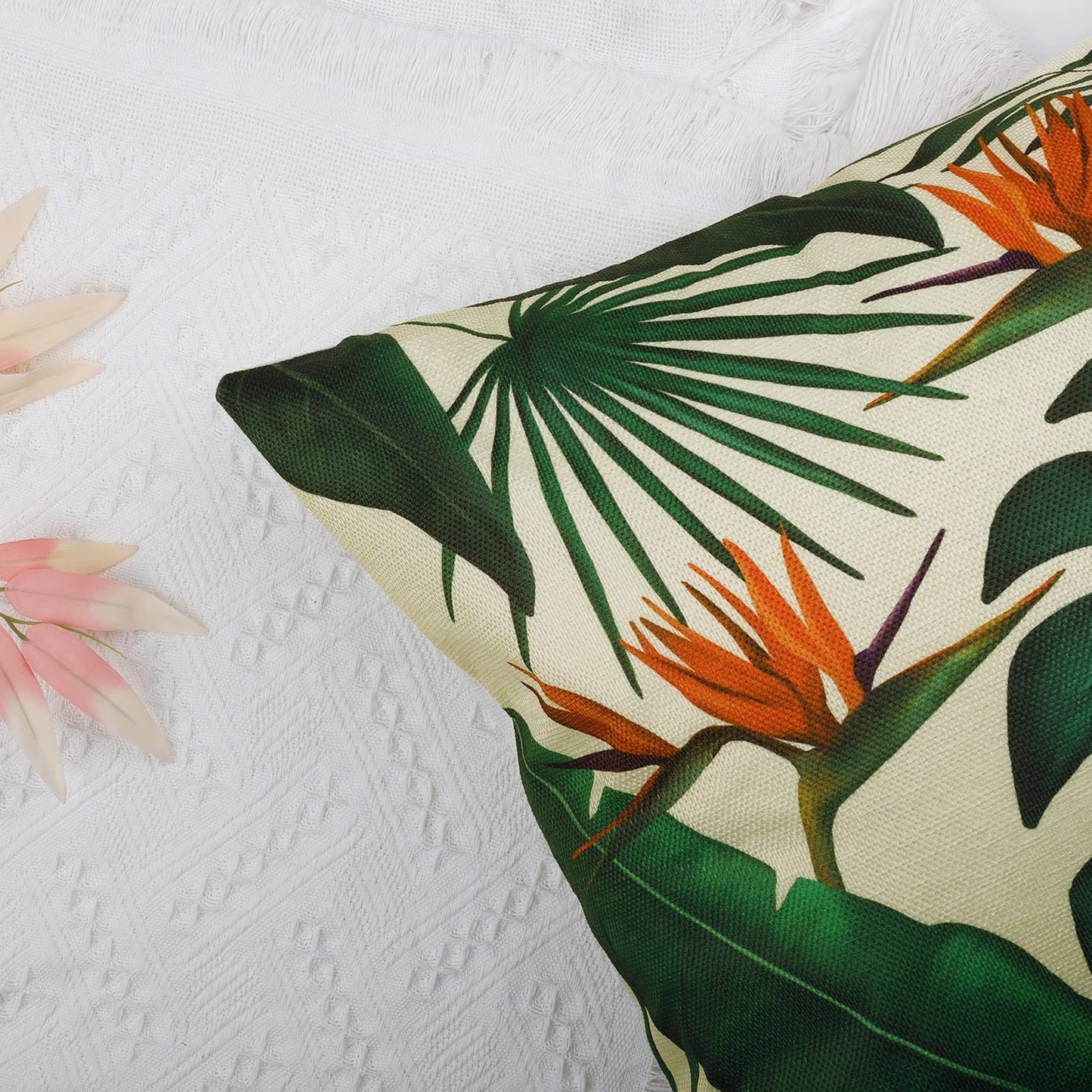 Bonhause Tropical Leaves Throw Pillow Covers 18x18 Set of 4 Green Palm Leaf Monstera Botanical Pillows Case Polyester Linen Cushion Covers for Outdoor Couch Sofa Patio Decor