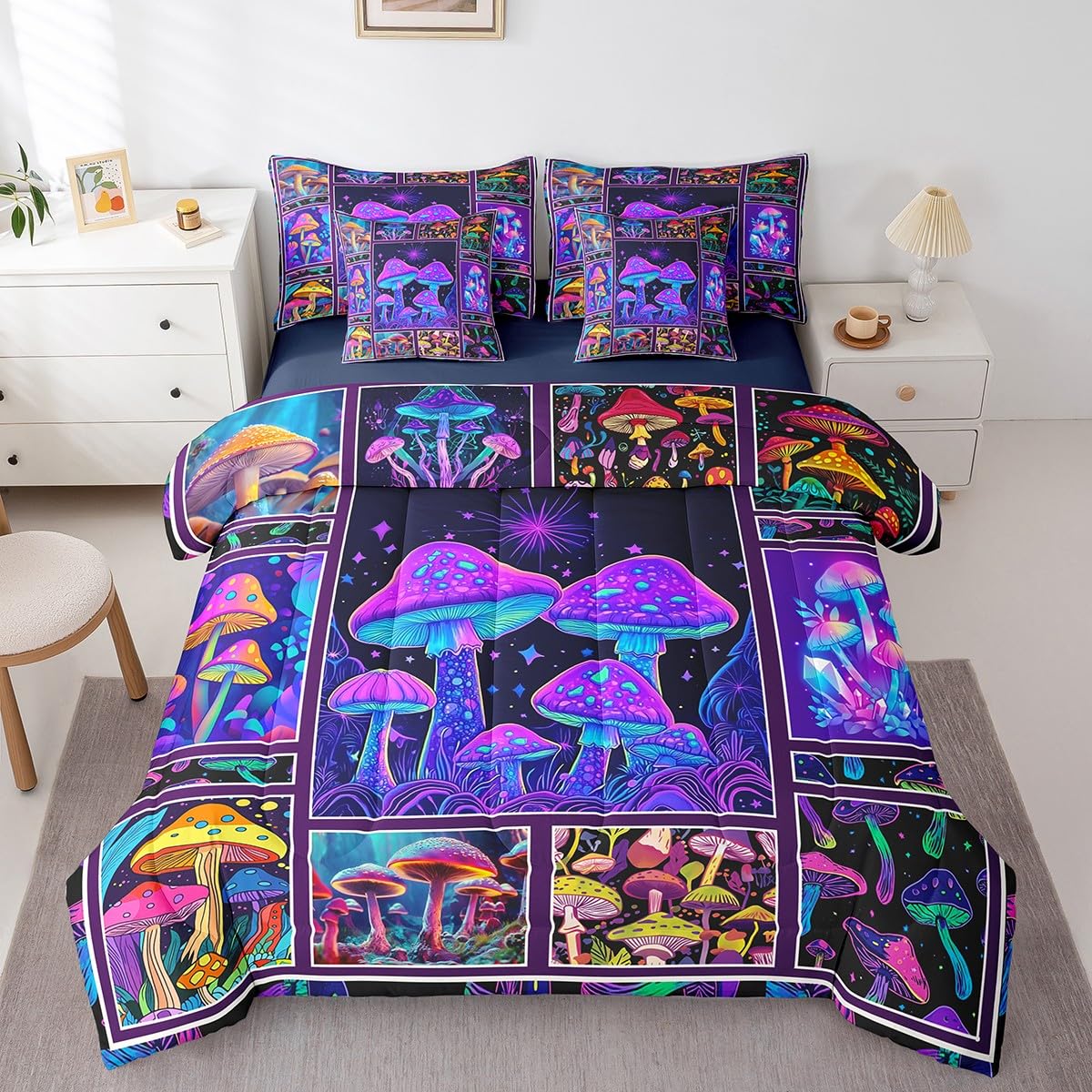 Erosebridal Mushroom Comforter Set King Size,Neon Fungus Bedding Set for Kids Teens,Psychedelic Plant (Comforter+Fitted+Flat Sheet+2 Pillowcases+2 Throw Pillow Covers) 7 Pieces Bed Set