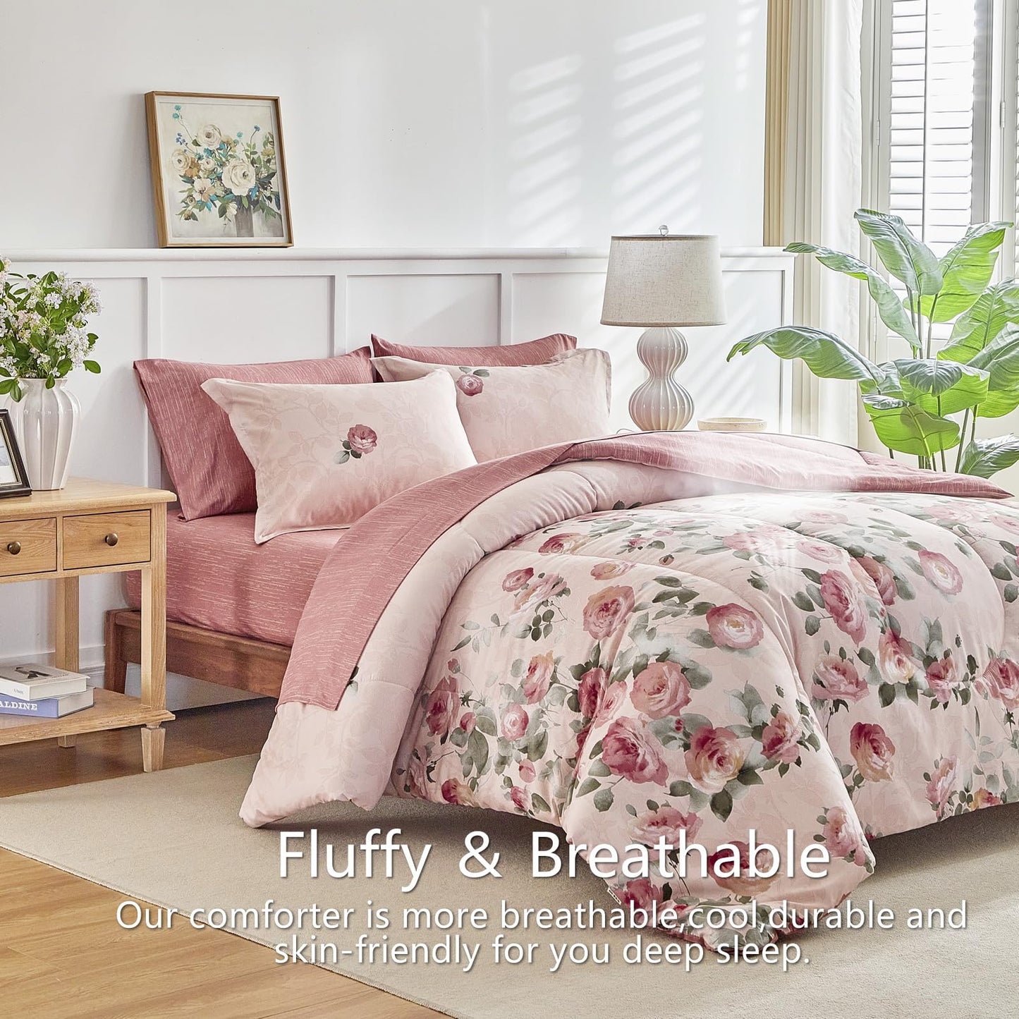 AIKASY Pink Queen Comforter Set with Sheets,Bed in a Bag 7-Pieces,Palm Tree Totem Printing Design,Ultra Soft Down Alternative All Season Bedding Set(Queen, Pink)