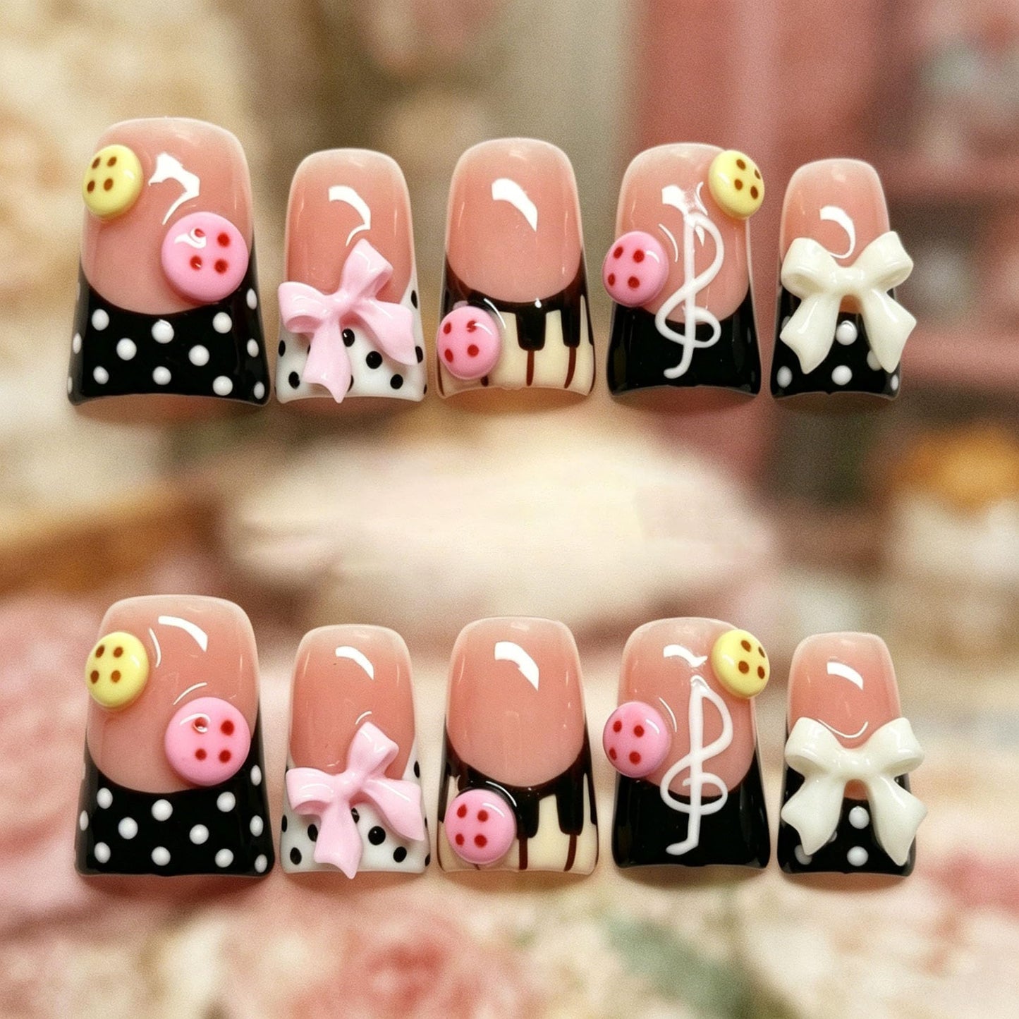 Handmade Press on Nails 3D Cute Glue on Nails for Women, Luxury Duck Nail Art Design, Fake Nails with 3D Nail Charms Size M 5