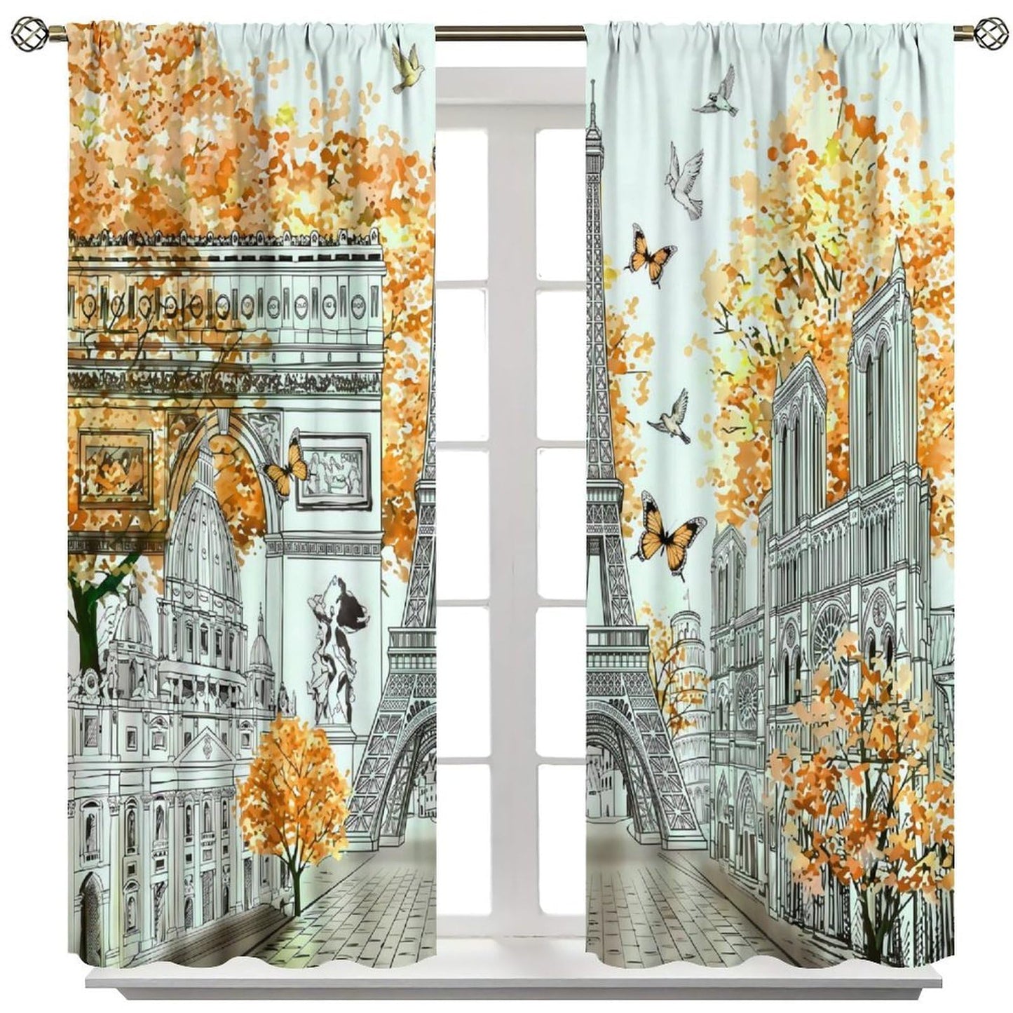 TYVGICZ Yellow Paris Curtains, Landscape Architecture City Scenery Eiffel Tower Landmark Famous Cityscape Romantic Window Treatments for Girls Living Room Kitchen Bathroom 2 Panel, 42x45 Inch