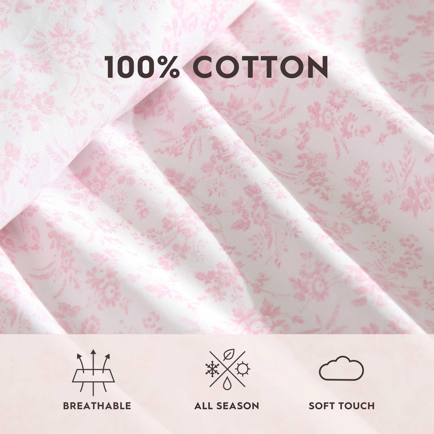 Laura Ashley - King Sheet Set, Crisp & Cool Cotton Percale Bedding with Deep Pockets, Lightweight for Year Round Comfort, Bed Sheets with Matching Pillowcases (Floral Toile Pink)