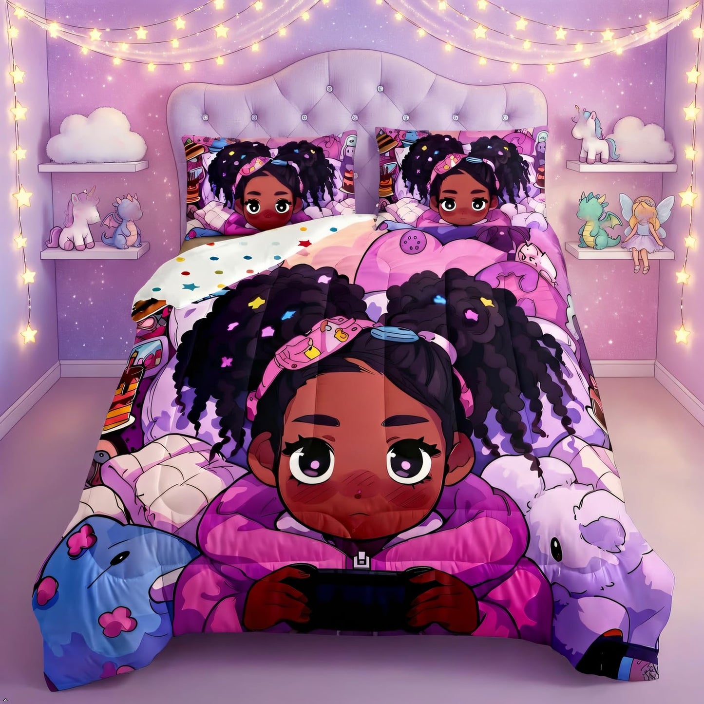 Erosebridal Black Girls Bedding Set Gaming Afro Girl Twin Comforter Set for Girls,American African Princess Magical Quilt for Toddler Kids Teenager,Cute Room Decor