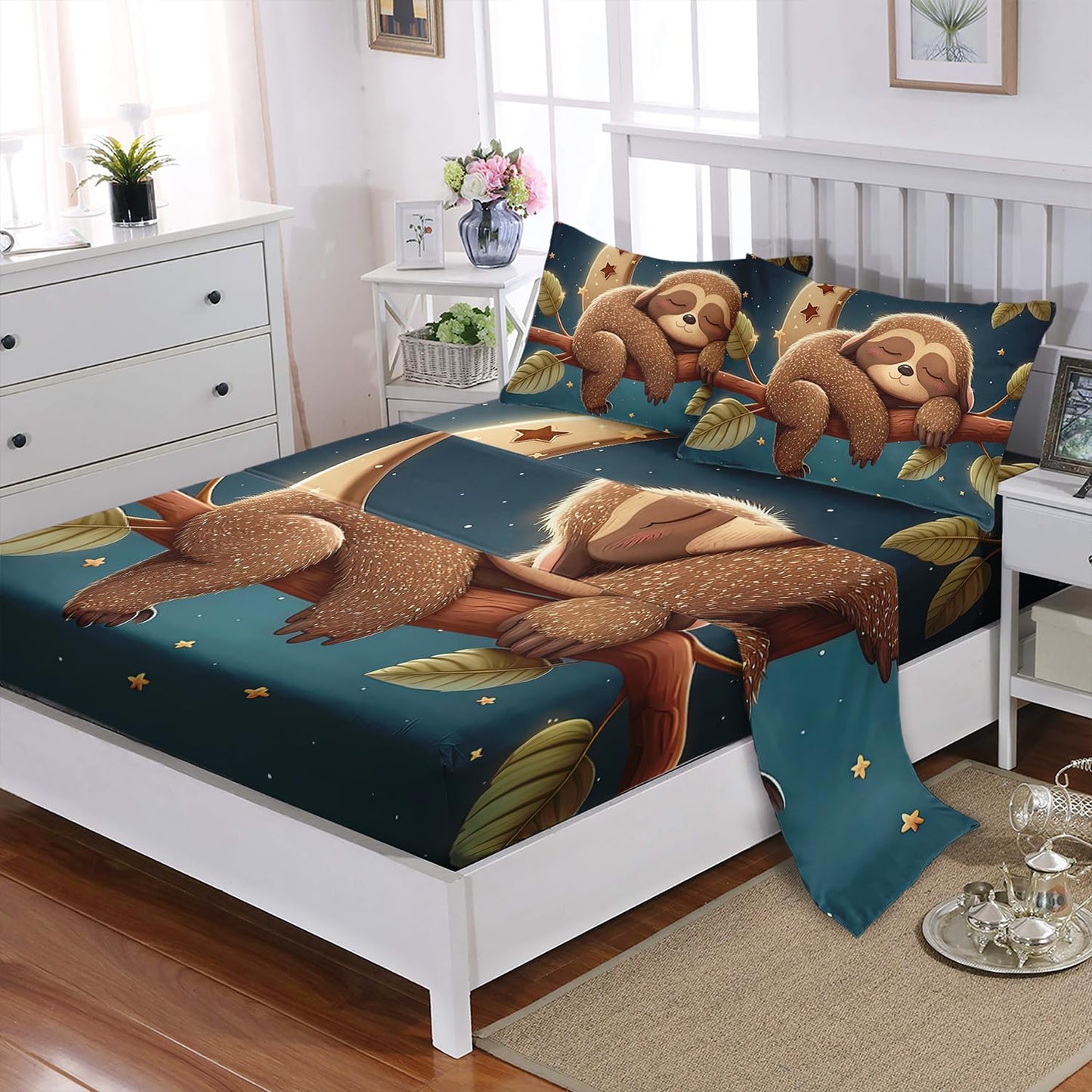 XYNHML Kawaii Cute Brown Sloth Sheet 4Pcs Full Galaxy Moon Sheet Universe Outer Space Star Bedding for Kid Teen Girl Boy Sleeping Sloth Bed Decor with 1 Flat Sheet and 1 Fitted Sheet+2 Pillowcases