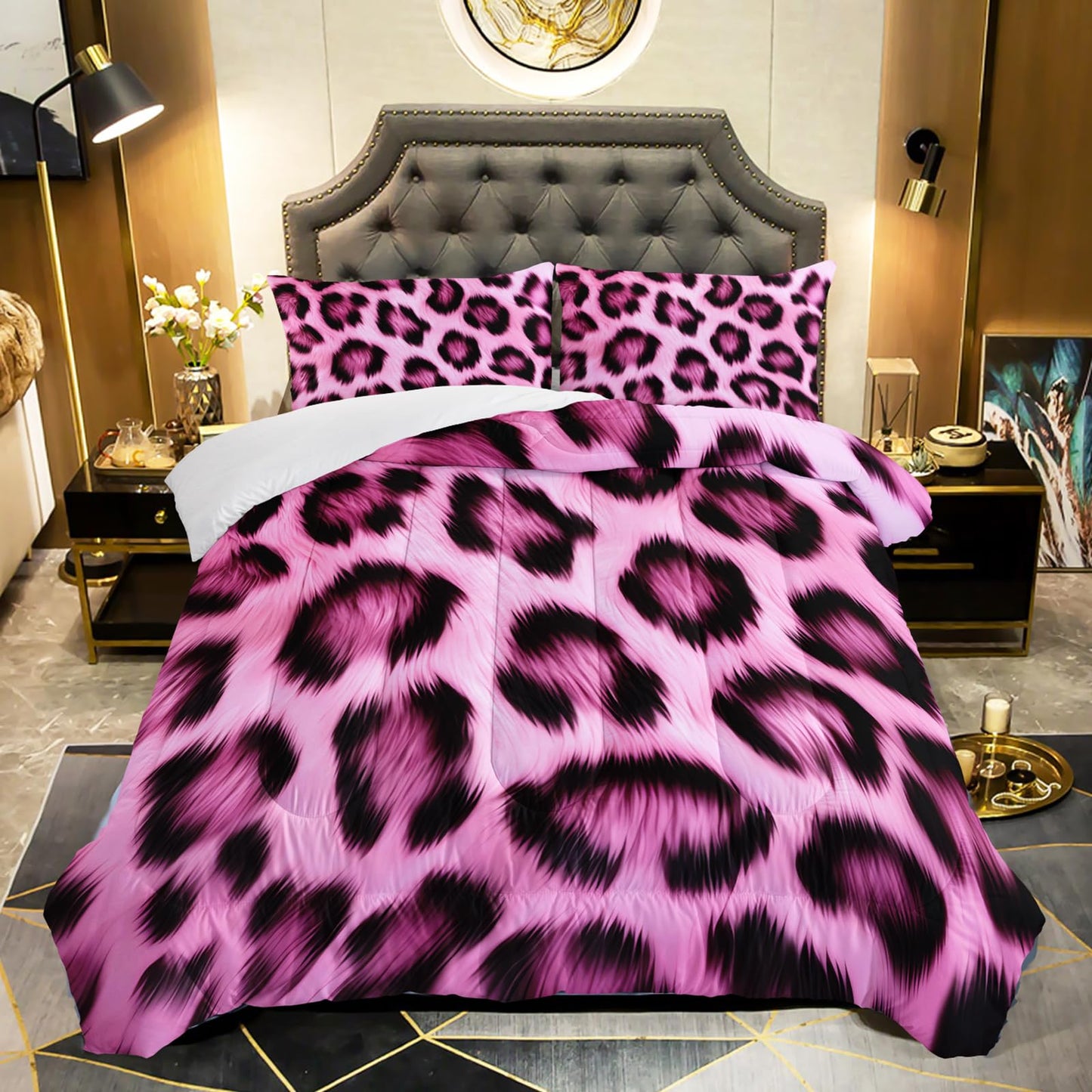 QOOMO 3Pcs Pink Leopard Print Comforter Set Twin,Cheetah Bedding Set for Teens Boys Girls,Wild Animal Printed Comforter with 2 Pillowcases,Down Alternative,Soft and Lightweight