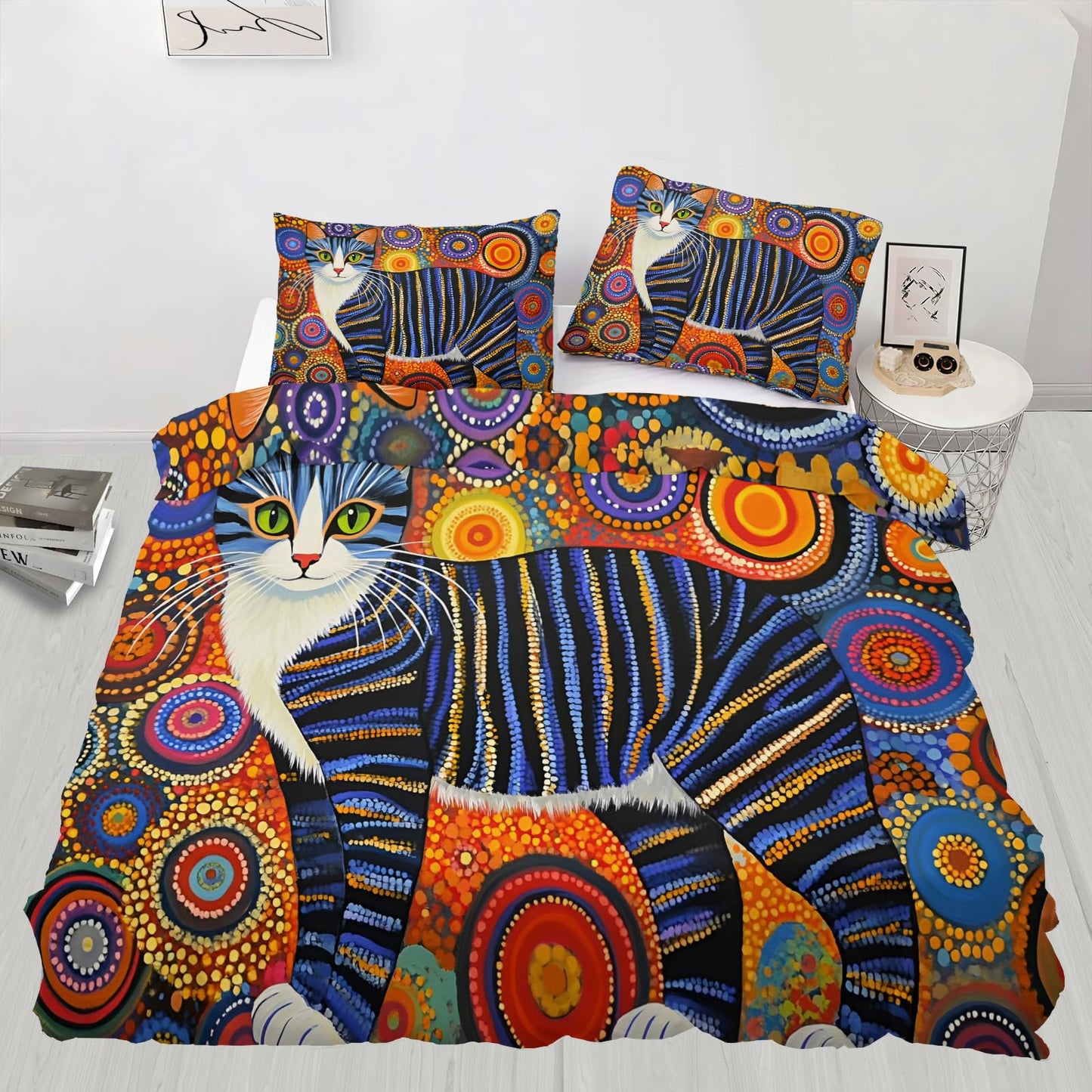 ZAMODE Cat Duvet Cover 90" x 90", Exotic Kitten Bedding Set, Colorful Ethnic Cats Comforter Cover with Zipper Ties