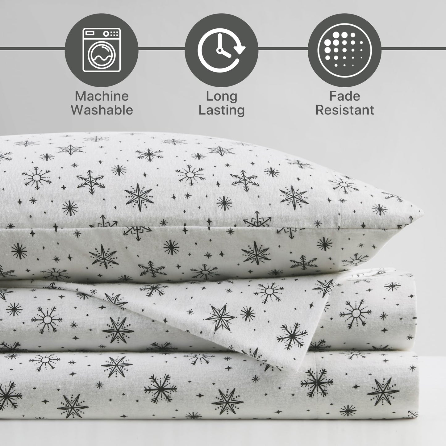 Beautyrest Cotton Sheet Set Cozy Print 100% Cotton Flannel Sheets Warm & Fuzzy Bedding Set, Oversized Sheets, Deep Pocket Fits Up to 16" Mattress Cozy Full Bed Sheets Full Black Snowflakes 4 Piece