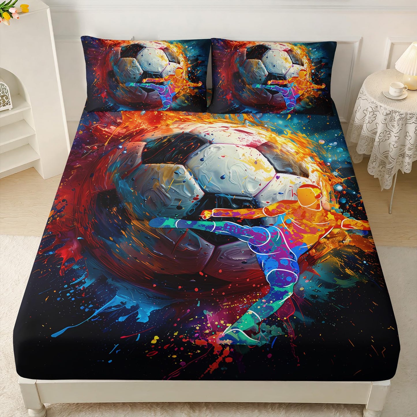 AILONEN Boys Soccer Fitted Sheet Set Twin Size,3D Oil Painting Football Bed Sheet Set,Football Player Fitted Sheet and 2 Pillowcases,3-Piece Sport Bedding Set,Breathable,Soft Microfiber